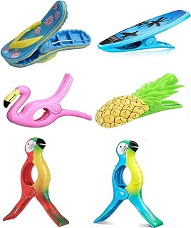 6 Pieces Large Beach Towel Clips Beach Towel Pegs For Sun Lounger Sunbeds Holiday Pool Chairs Laundry Clips Novelty Sunbed Beach Pegs Flamingo Parrot Slipper Flip-flop Pineapple Surfboard