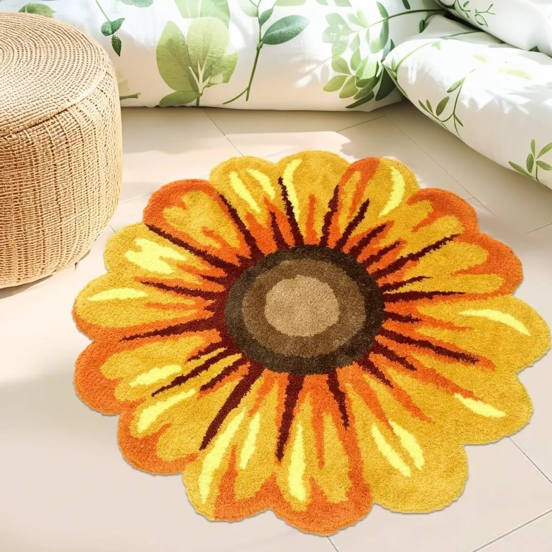 Bathroom Rug Daisy Floral Bathmat Sunflower Bedroom Kitchen Farmhouse Carpet Small Round Door Mat Circle Toilet Carpet Sofa Sitting Cushion Pad, Nonslip, Easy Washbale, Thick, 25.6in, Yellow