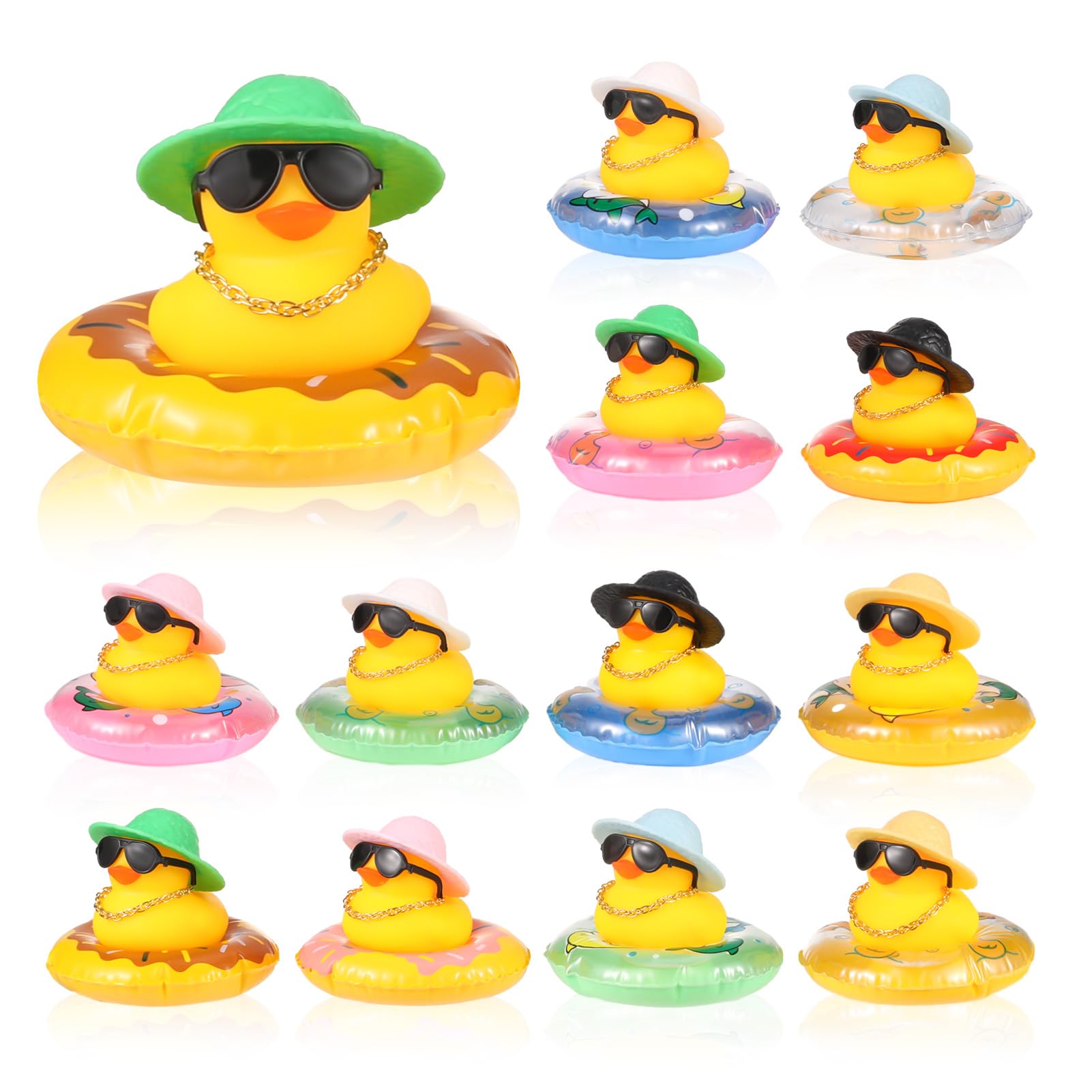 12 Set Mini Rubber Ducks Dashboard with Mini Swim Ring Sun Hat Necklace and Sunglasses, Yellow Duck Bath Ornaments for Car Decor Accessories