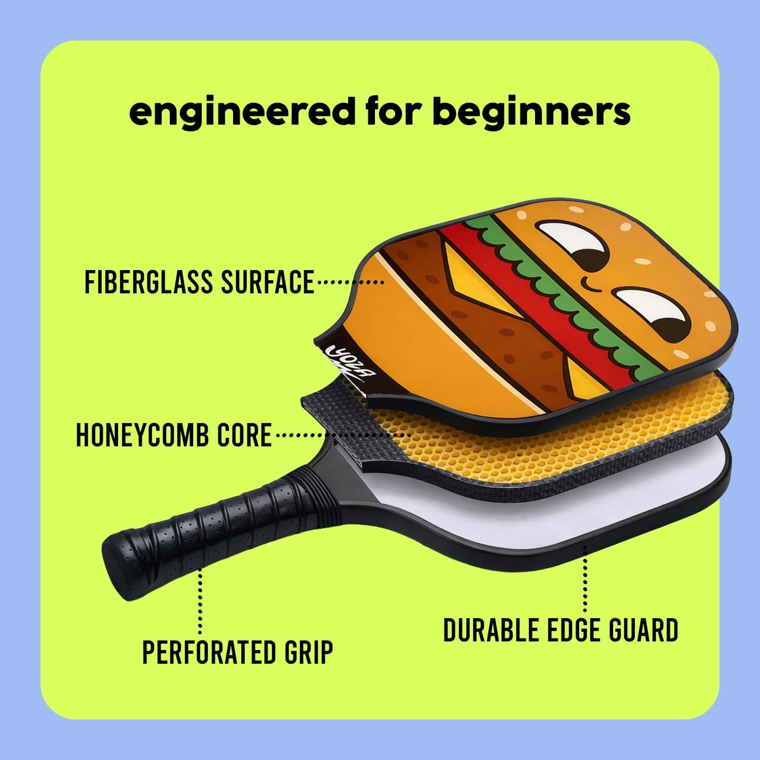 Pickleball Paddle Set of 2 - Burger & Fries Pickleball Rackets with 4 Balls & 1 Carrying Bag, Lightweight, Good Control, Fiberglass, Pickle Ball Set for Men Women Beginners, Yoza