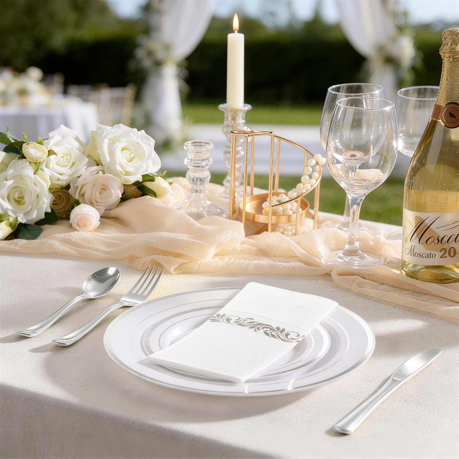 Goodluck 200 PCS Silver Plastic Silverware with Pocket Napkins for 50 Guests, Heavy Duty Disposable Cutlery & Linen Feel Napkins, Plastic Flatware with Guest Towels for Wedding, Party and Catering