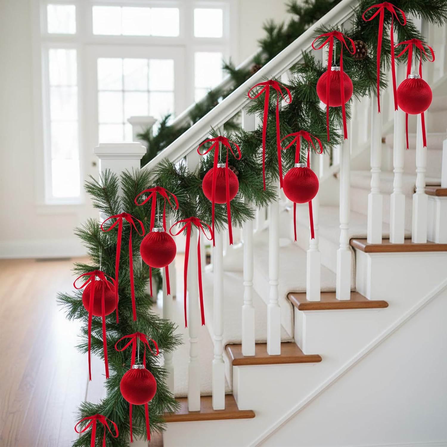 Riceshoot 45 Pcs 3.15 Inch Velvet Christmas Tree Ornaments Set Include 15 Christmas Balls and 30 Vintage Bows Hanging Ornaments for Xmas Tree Door Garland Holiday Anniversary Party (Red)