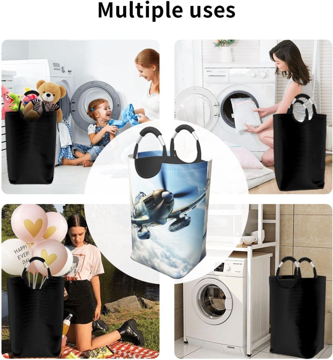 World War 2 Aircraft Airplane1 Print Laundry Hamper With Handle, Large Laundry Bags Collapsible Dirty Clothes Basket For Bathroom