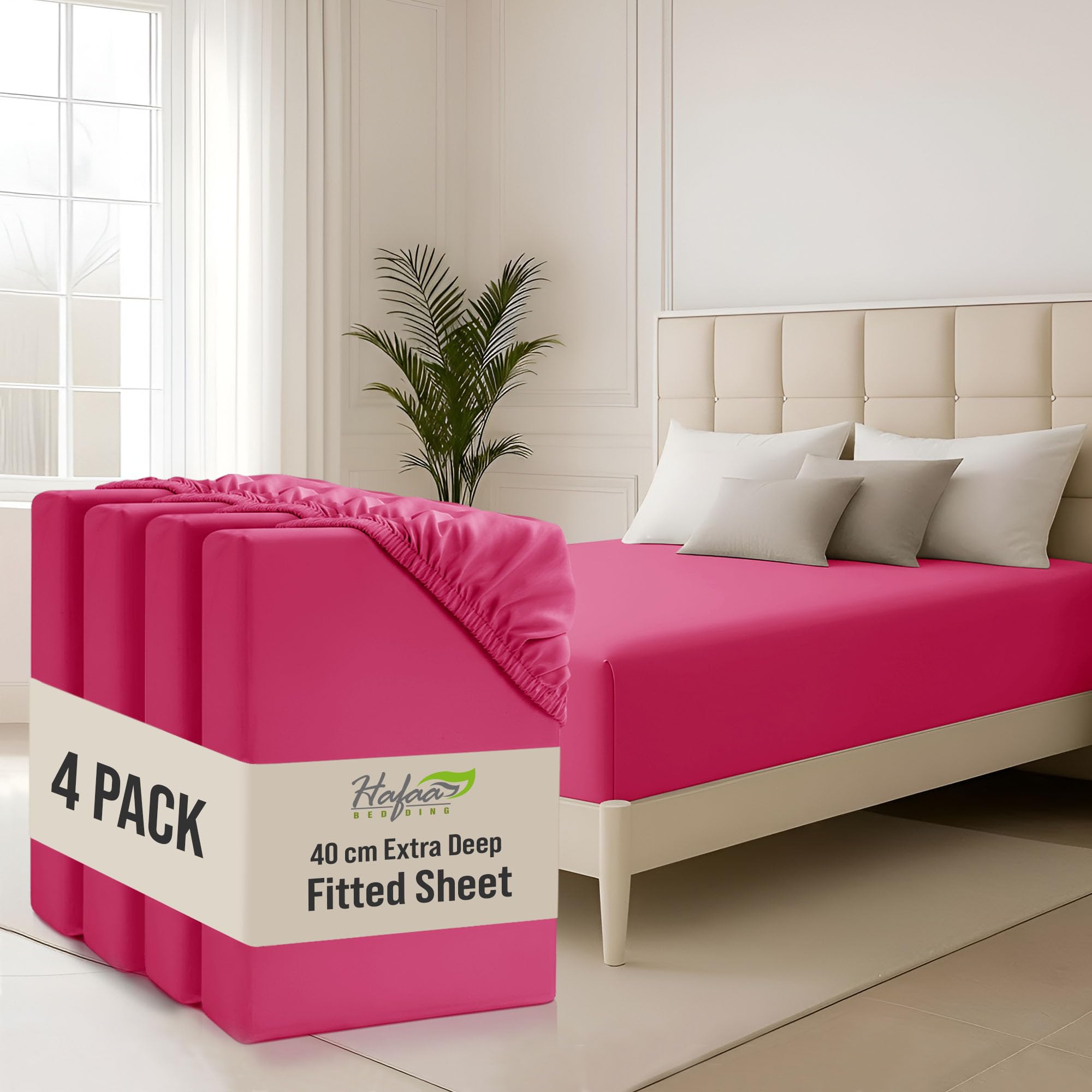 Hafaa King Size Fitted Sheets 4 Pack 40Cm Deep Pocket 16 Inch Hot Pink Bed Sheets Hotel Quality Soft Brushed Microfiber Fabric Breathable Shrinkage Fade Resistant Bedsheets