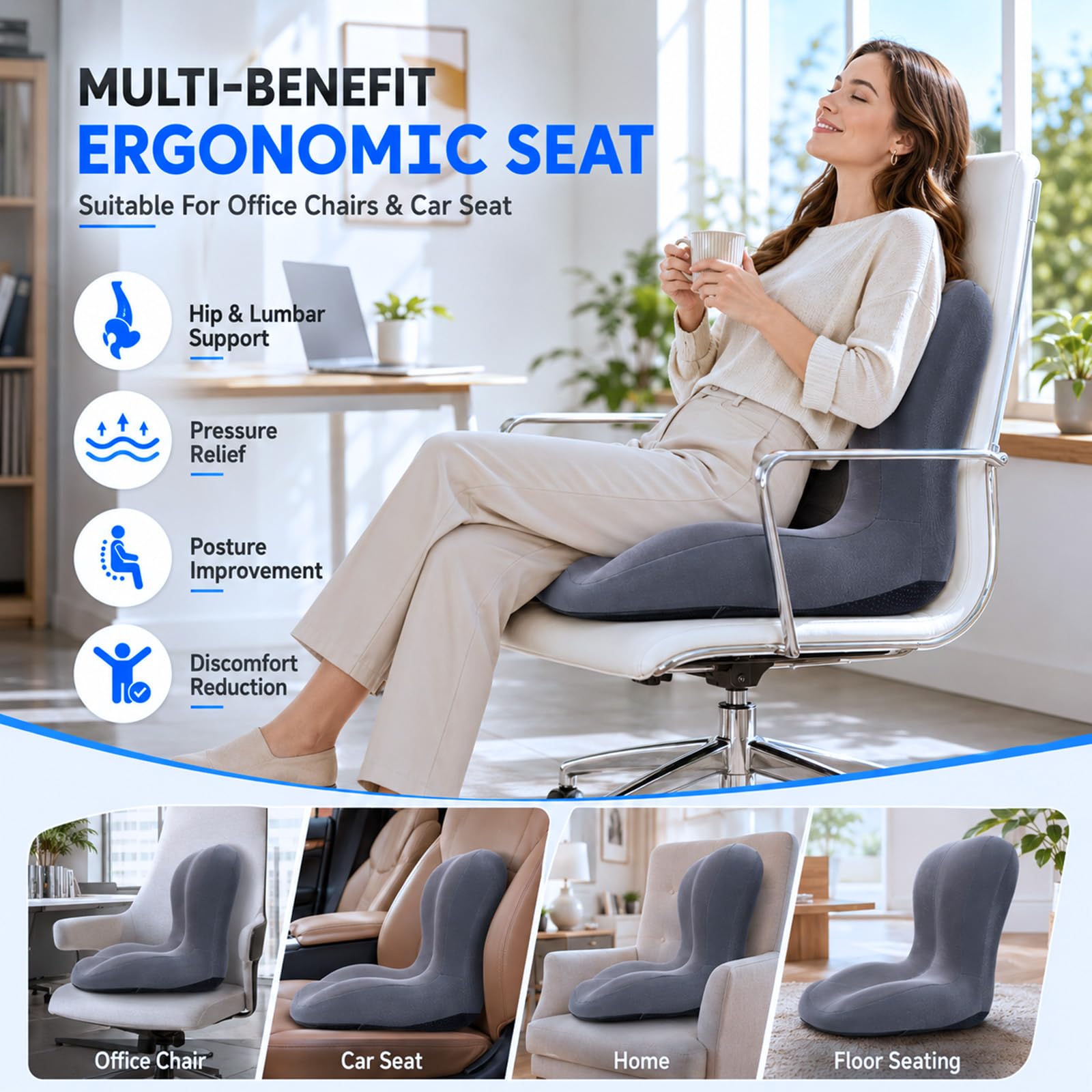Cojín ortopédico con respaldo, cojín ergonómico de espuma viscoelástica, cojín de asiento con cavidad de coxis para silla de oficina y coche con soporte lumbar, cojín para silla de asiento largo