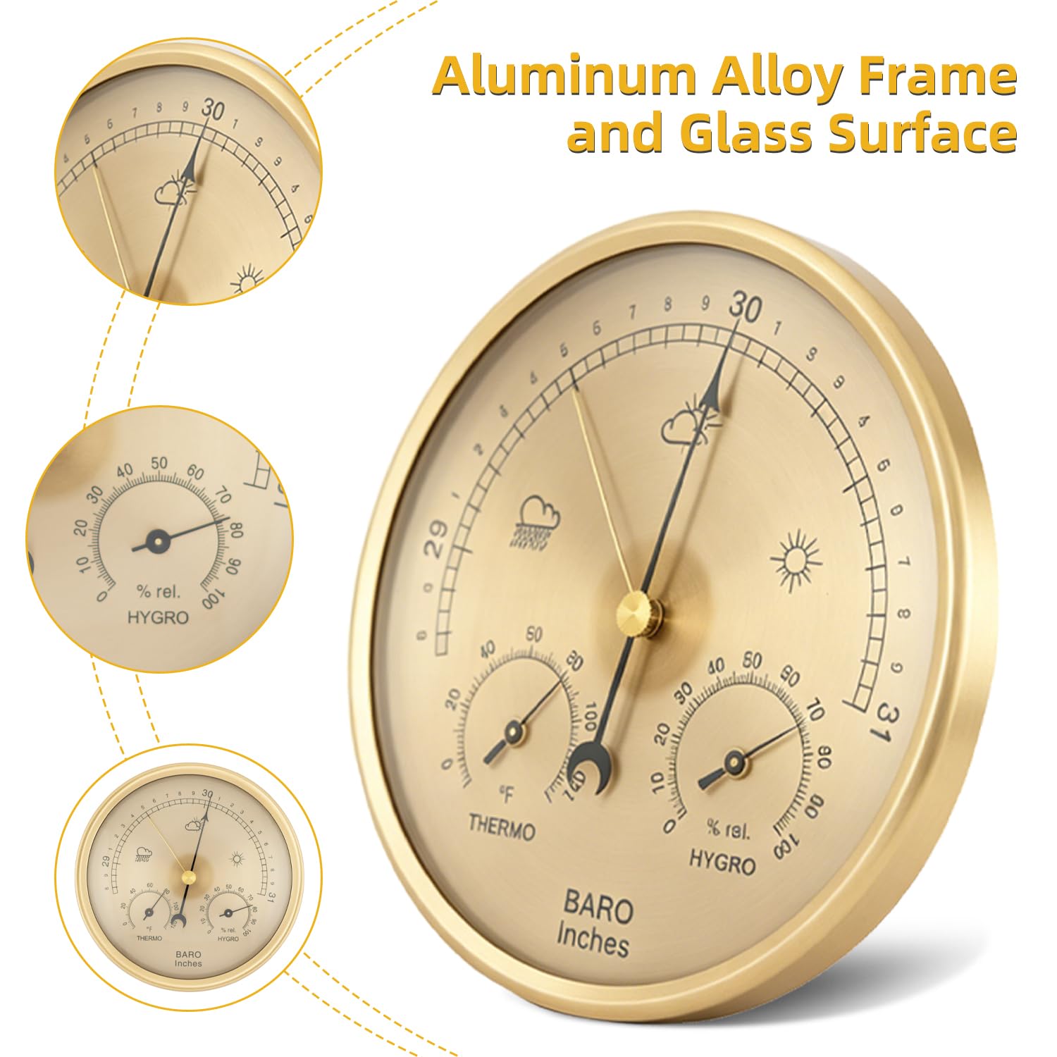 3-in-1 Analog Weather Station, 132mm Barometer Thermometer Hygrometer, Accurate Fahrenheit Readings, Indoor Outdoor Air Pressure Temp Humidity Monitor- Golden image 5