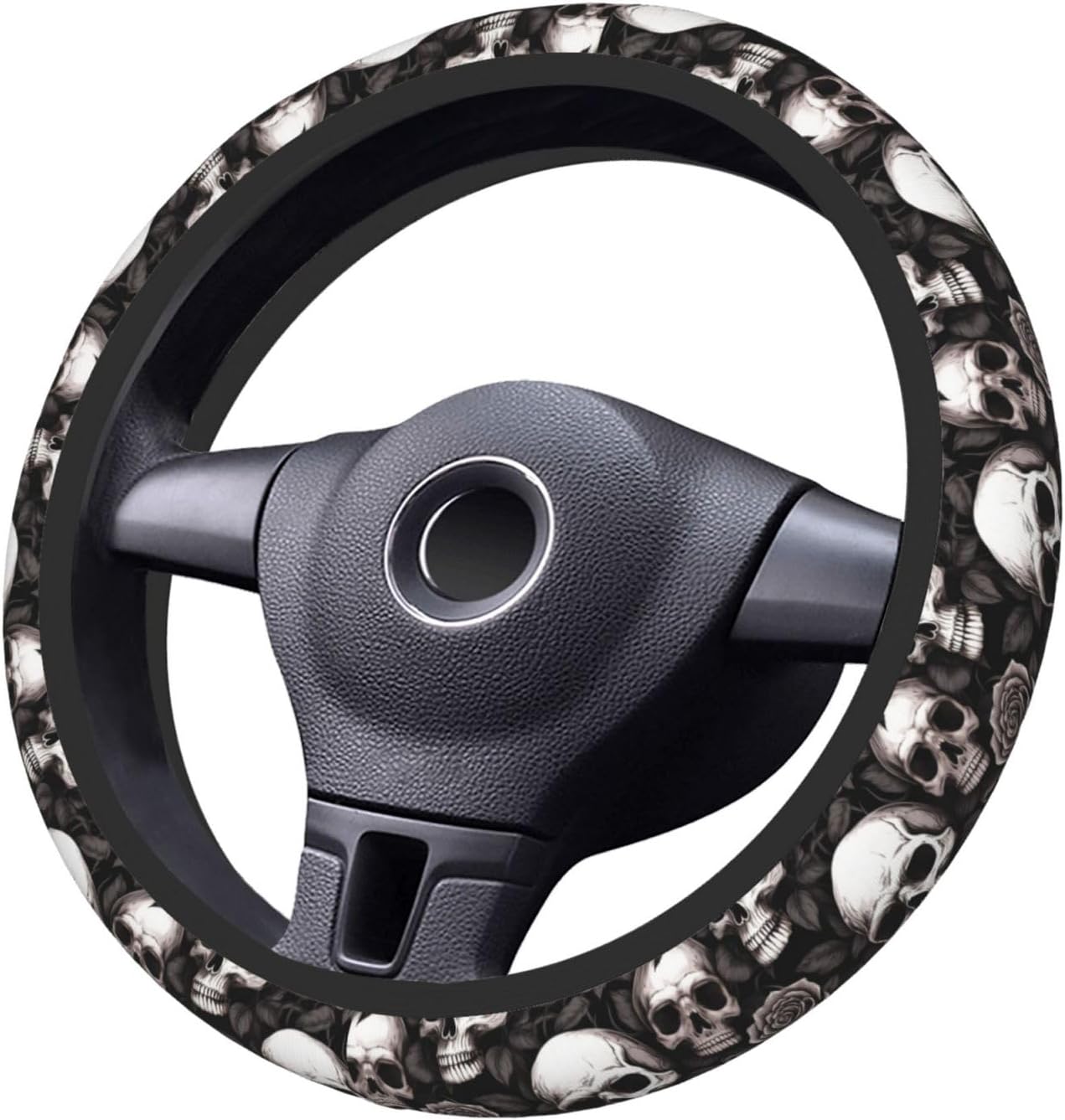 Skulls and Roses Steering Wheel Protective Cover Car Universal, 15-Inch Thicken Steering Wheel Grip Cover for SUV, Van, Car, Car, Truck