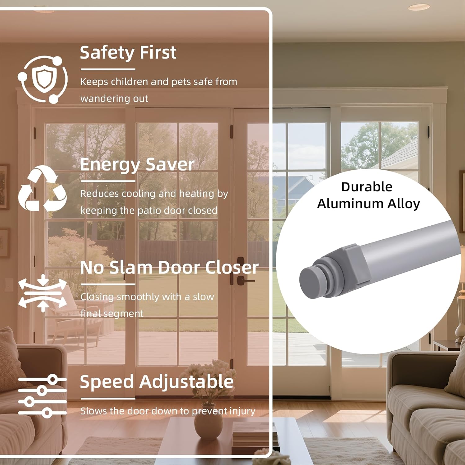 Automatic Sliding Door Closer: Heavy Duty Pneumatic Door Soft Closers No Slam - Adjustable Sliding Speed - Suitable for Home/Commercial, 29.5 to 51" Doors in Patios, Balconies, Indoor Spaces