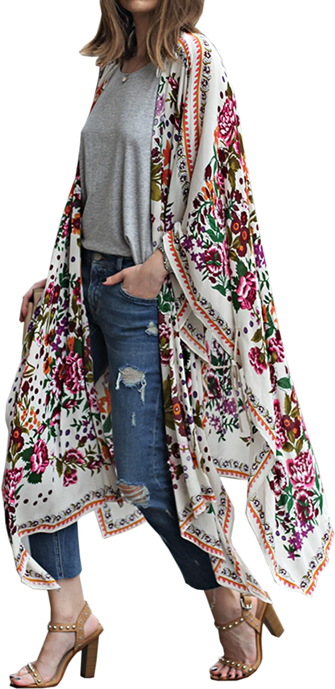 HiblucoWomen's Summer Chiffon Floral Kimono Cardigan Long Swimwear Cover Ups