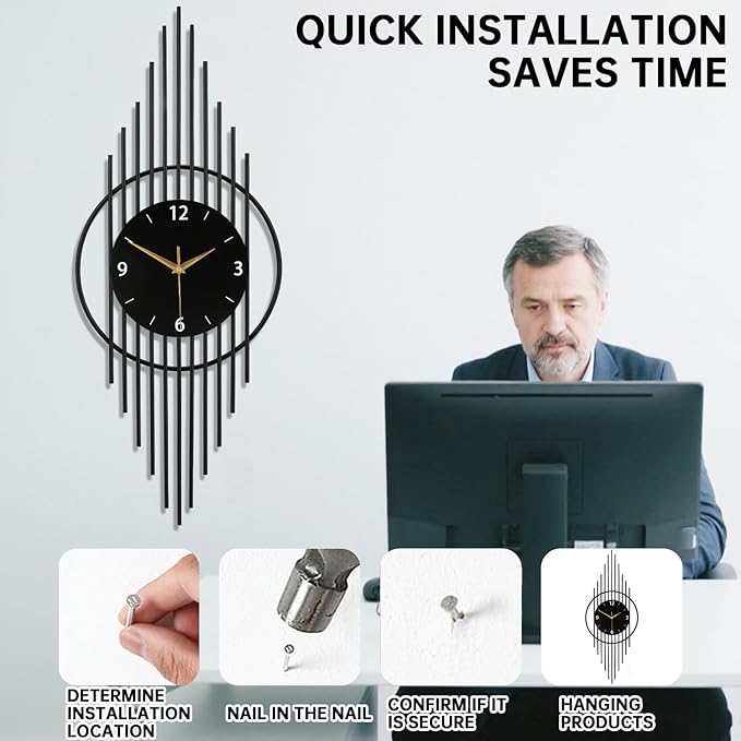Reloj de Pared Analógico Silencioso con Marco de Hierro Negro 11.8x29.5 pulgadas miniatura 4