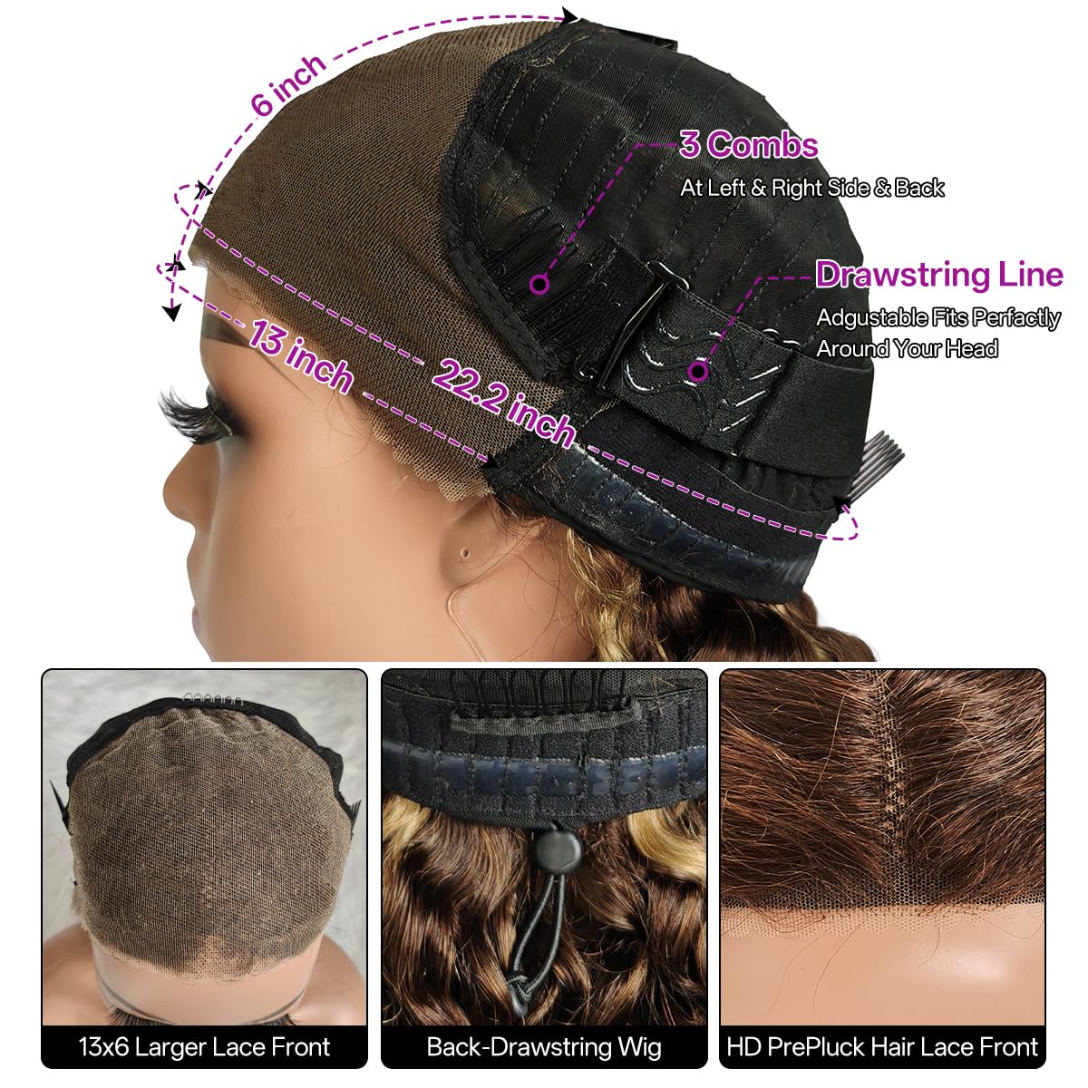 Burmese Curly Glueless Wig Human Hair 4/27 Honey Blonde Ombre, 13x6 HD Lace Front Wig, Pre Plucked Pre Cut, 180% Density Drawstring Wear and Go Wig for Women(24inch)