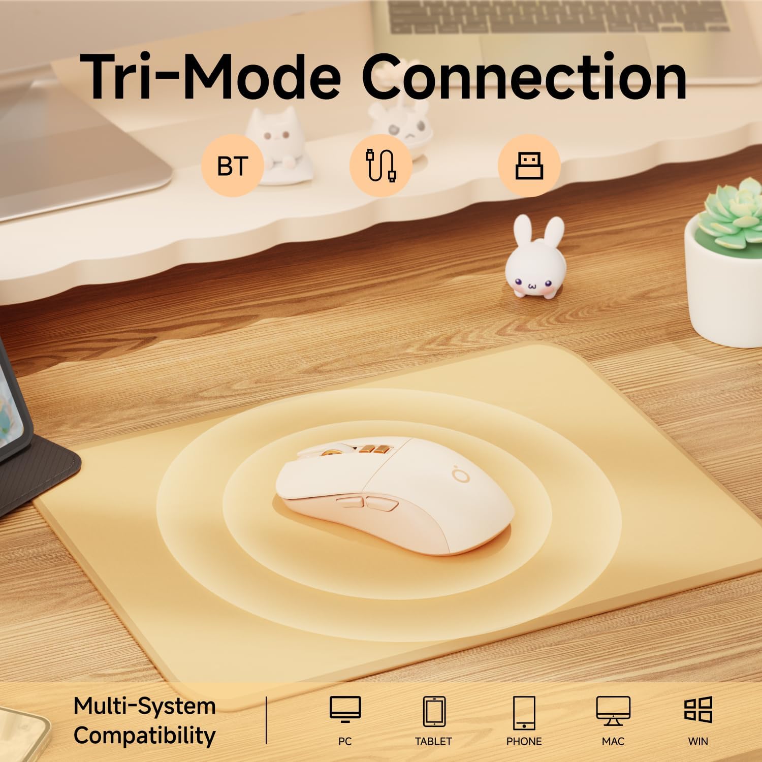 EWEADN G309 Wireless Mouse, Bluetooth & 2.4G Dual Mode Computer Mice, 5 Adjustment Levels 4000 DPI Silent Ergonomic Mouse, 7 Buttons Rechargeable Portable Mouses for Laptop/PC/Mac/iPad - Pink