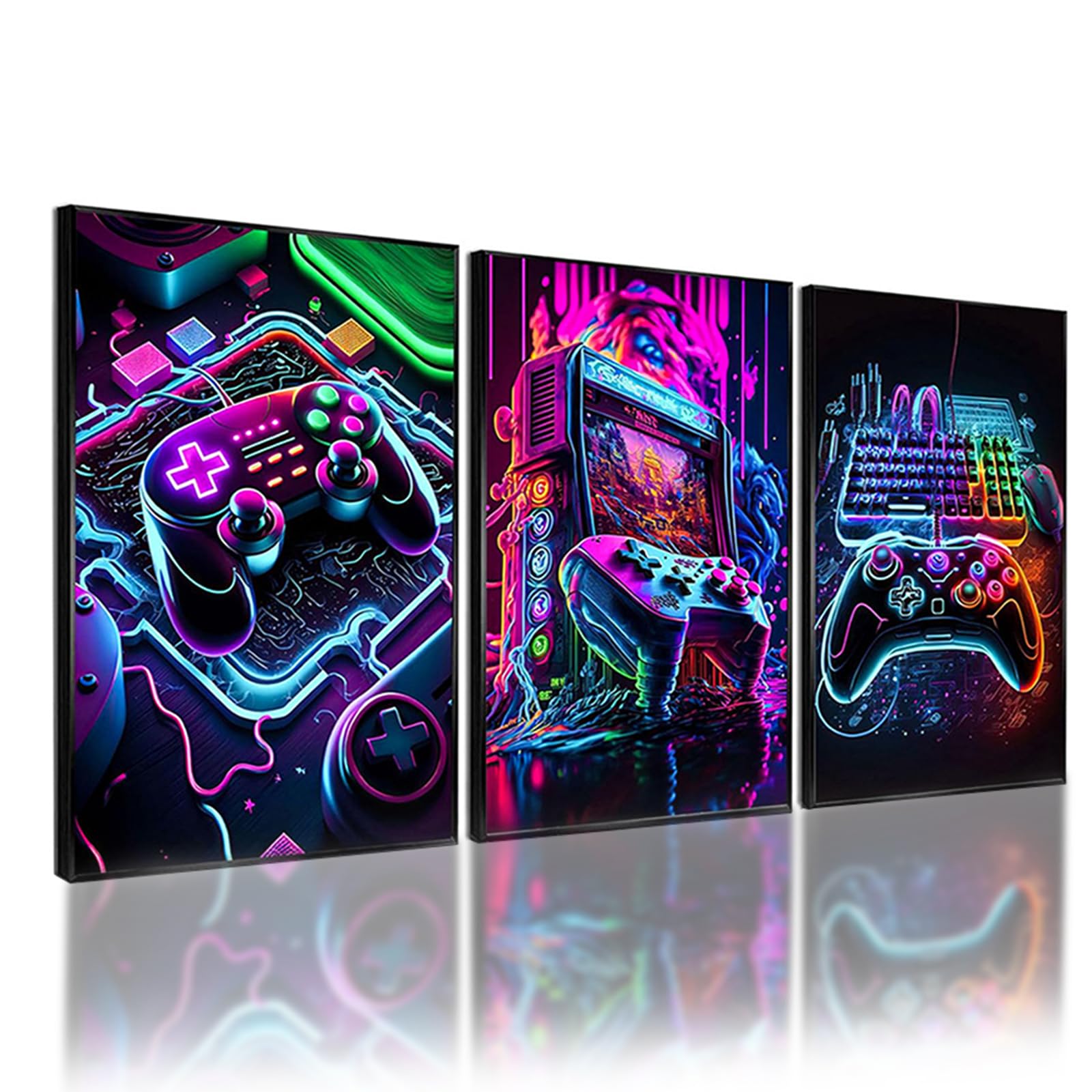Rongxze 3 Stück Gerahmte Gaming Wandbilder Leinwand, 40x30cm | Cyberpunk Gamepad Gamer Wanddeko, HD Leinwandkunst, Für Jungen Schlafzimmer, Spielzimmer, Man Cave