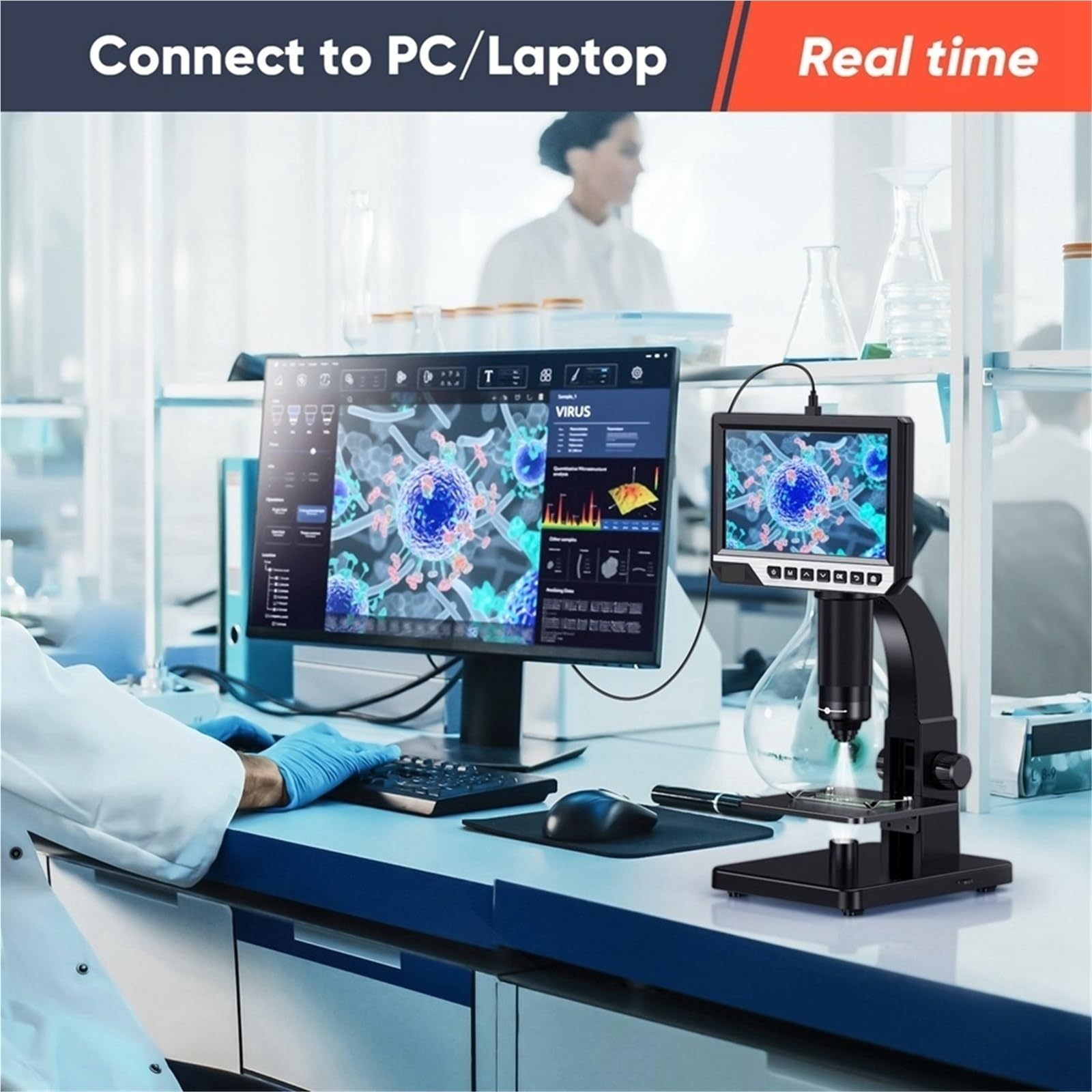 Microscopio, Telecamera digitale da laboratorio con doppio obiettivo IPS da 7" 2000X e 12 MP 1080P, con telecomando e funzione di monitoraggio biologico,Prodotti scientifici e da laboratorio