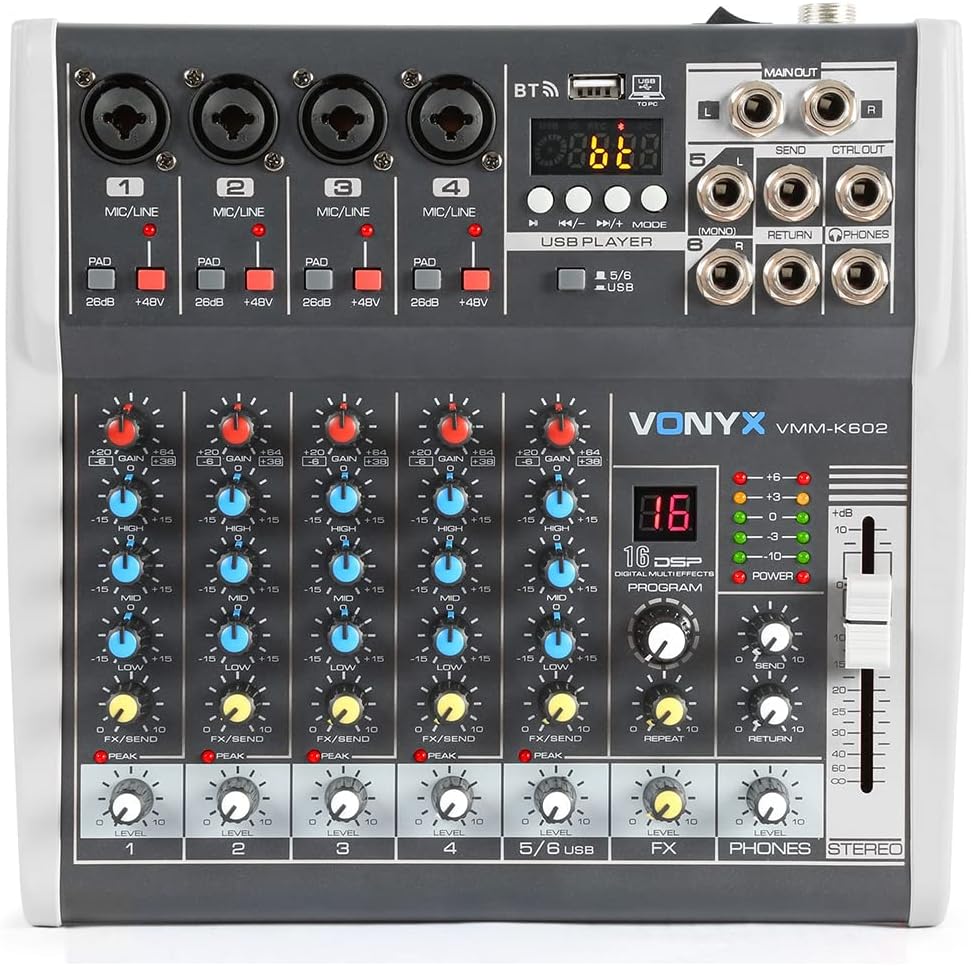 6-Channel DSP Audio Mixer VMM-K602 with USB Interface, Bluetooth, 48V Phantom Power, FX Processor and 4 Mic, Stereo Line Input for Studio, Podcast, DJ, Home & Live PA Sound Systems