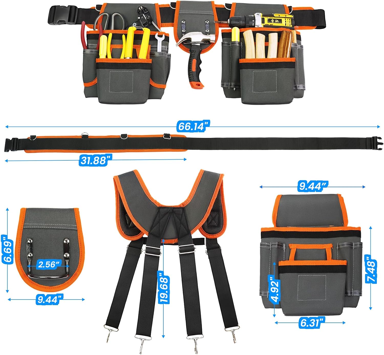 Tool Belt, Professional Tool Belts for Men, Magnetic Tool Pouch With Suspenders, Heavy Duty Detachable Adjustable Utility Belt Work Bags for Electrician, Carpenter (Gray and Orange, 32''-66'')