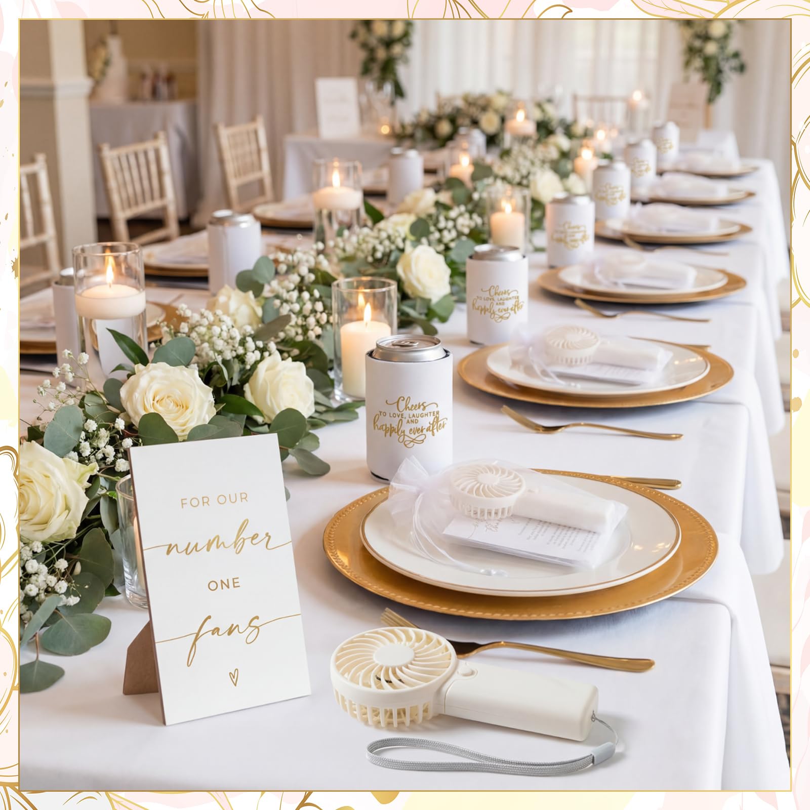 Hortsun Mini-Handventilator-Set für Hochzeit, Großpackung für Gäste, tragbar, persönlich, kleine Fächer, Dosenkühlerhüllen mit 1 Holz-Tischschild für Sommer, Verlobung, Brautparty, Gastgeschenke