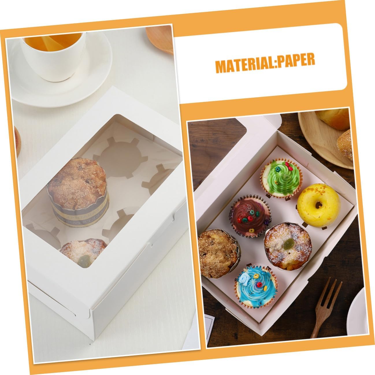 Cabilock 15pcs White Paper 6-cupcake Boxes with Window, Cupcake Carrier and Muffin Storage Container for Birthday Party and Bakery Supplies