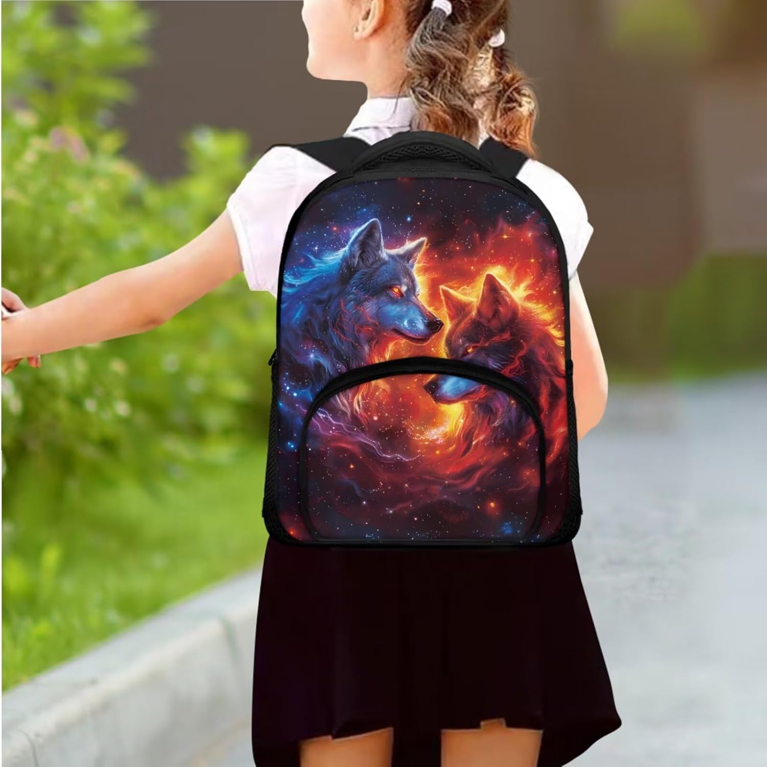 Galaxy Wolf Backpack for Girls Boys Backpack with Lunch Box and Large Pencil Pouch 3 in 1 Set 12" Sturdy Bookbag with Front Pocket for Kids Lightweight School Bag with Side Pockets for Toddler