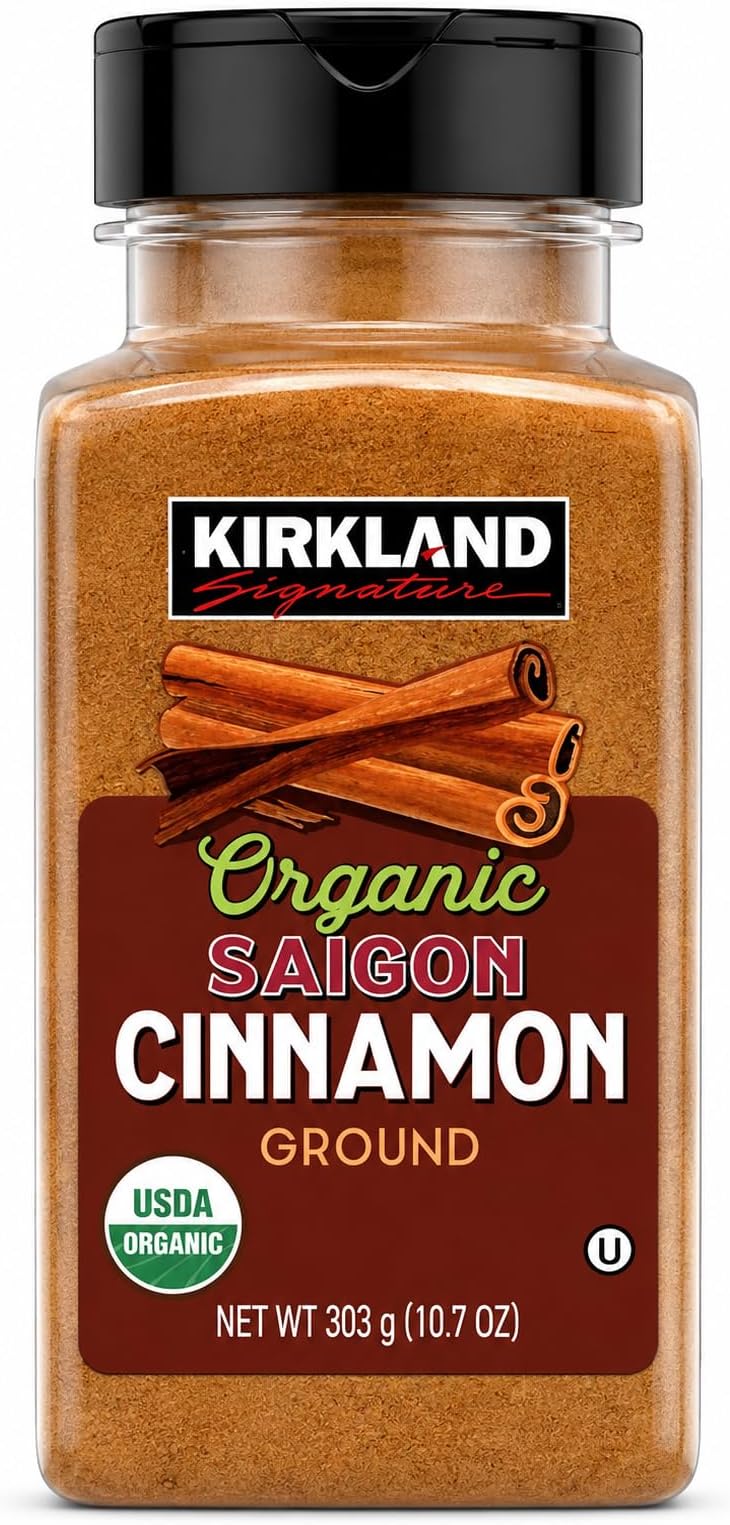Kirkland Signature Organic Ground Saigon Cinnamon, 10.7 oz (303 g) โ USDA Organic Cinnamon Powder, Warm Sweet Flavor for Baking, Coffee, Oatmeal, Smoothies & Cooking