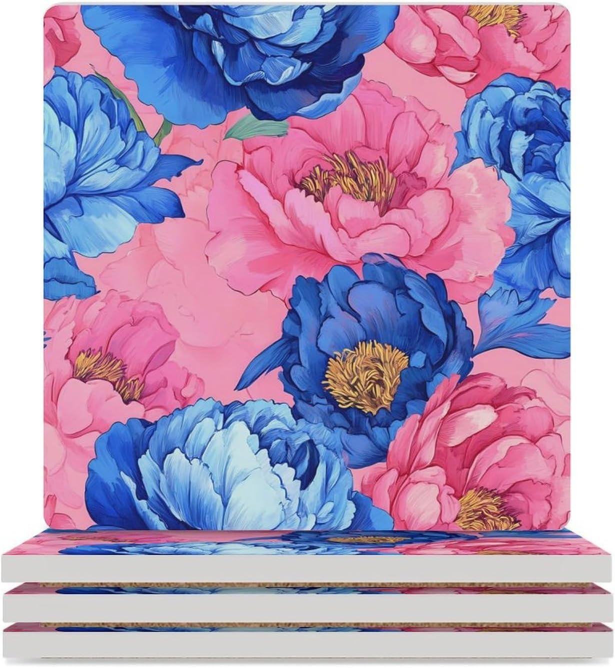 Peony Flowers Watercolor Funny Ceramic Coasters for Drink Absorbent Cup Holders Tabletop Protection