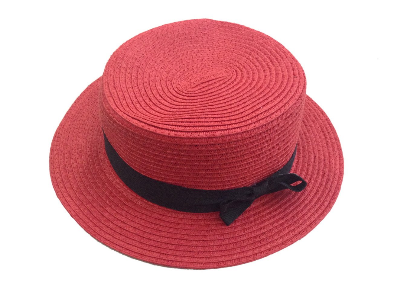 ACVIP Women's Solid Color Straw Boater Hat with Bow Band (Red)