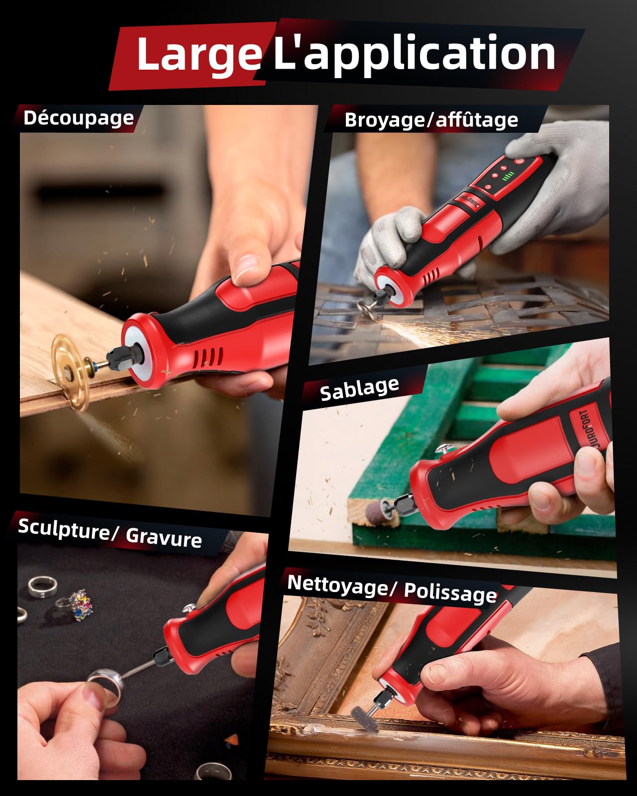 DuroFort mini meuleuse sans fil 8 V, 146 accessoires, avec batterie au lithium 2000 mAh, meuleuse droite à 5 vitesses variables pour l'élimination de la rouille, le meulage, la coupe, le polissage