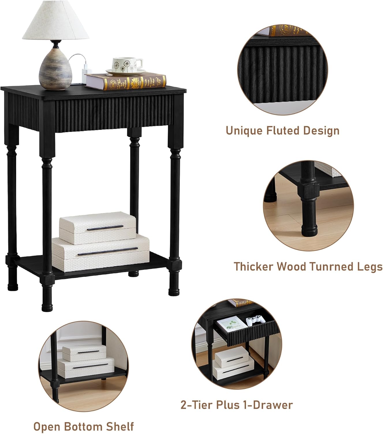 XUZENEST 23.6” Large End Table with Charging Station, Set of 2, Modern Farmhouse Side Table Sofa Tables with Fluted Drawer, Wooden Bedside Table Night Stand for Bedroom Living Room Home Office, Black
