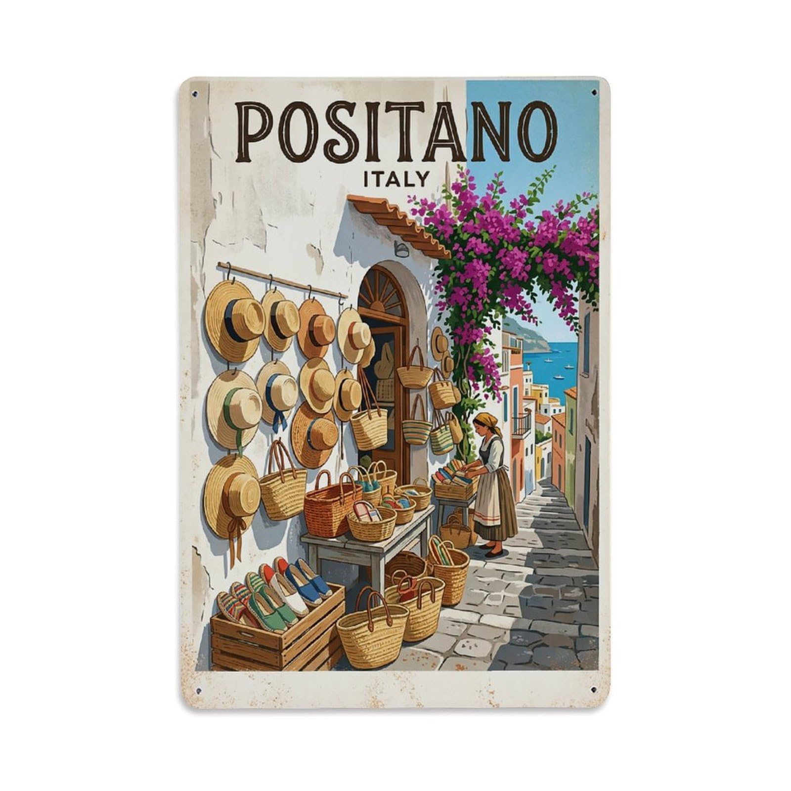 Huiyhb 8X12inch(20X30cm) Vintage Travel Positano Italy Wicker Shop Lane Metal Tin Sign