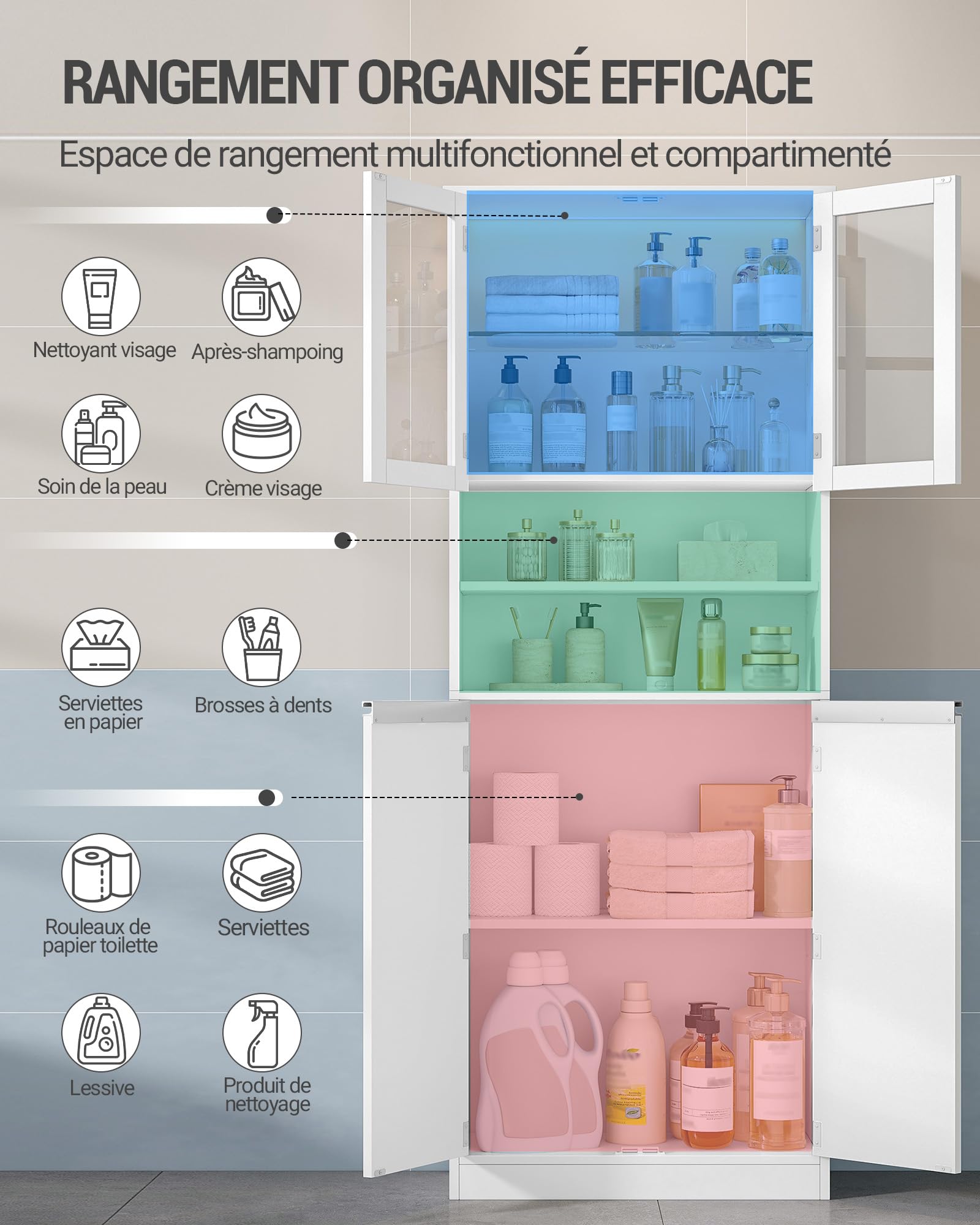 Hzuaneri Meuble Salle de Bain,Meuble de Rangement Haute avec Éclairage LED | Armoire sur Pied avec 4 Portes et Étagère Réglable, Moderne, pour Salle de Bain, Salon, 28 x 60 x 170 cm Blanc SC40003XEU