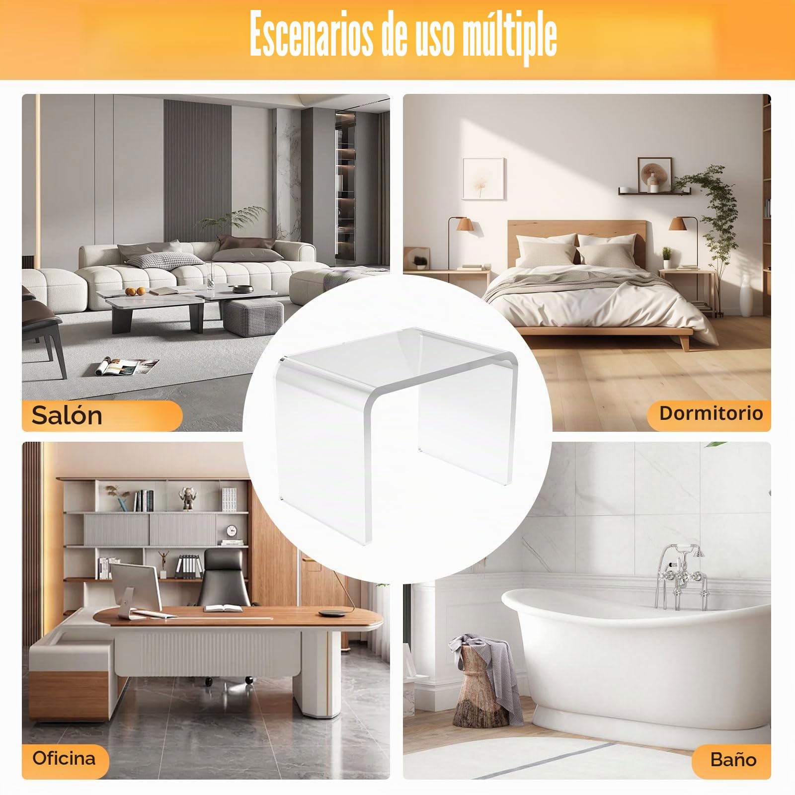 Mesa de extremo de acrílico transparente,Mesa auxiliar en forma de U con bordes redondeados,elegante mesa de centro moderna pequeña,Bancos de ducha,Taburete de acrílico,Taburete de pie transparente