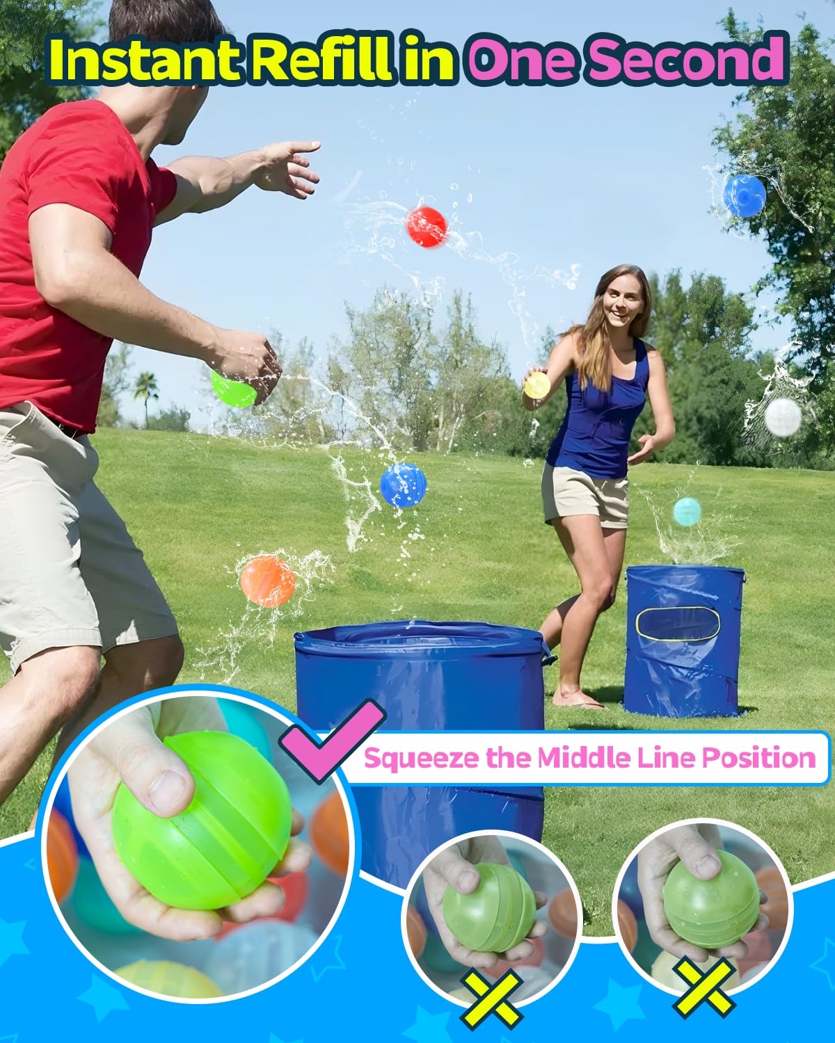 Reusable Water Balloons 14 Pack Unique Double Water Inlet Silicone Water Bomb Pool Toys Non-Magnetic Quick Fill Self Sealing Water Splash Balls Games for Kids 3-12 Summer Outdoor Beach Activities Gift 6
