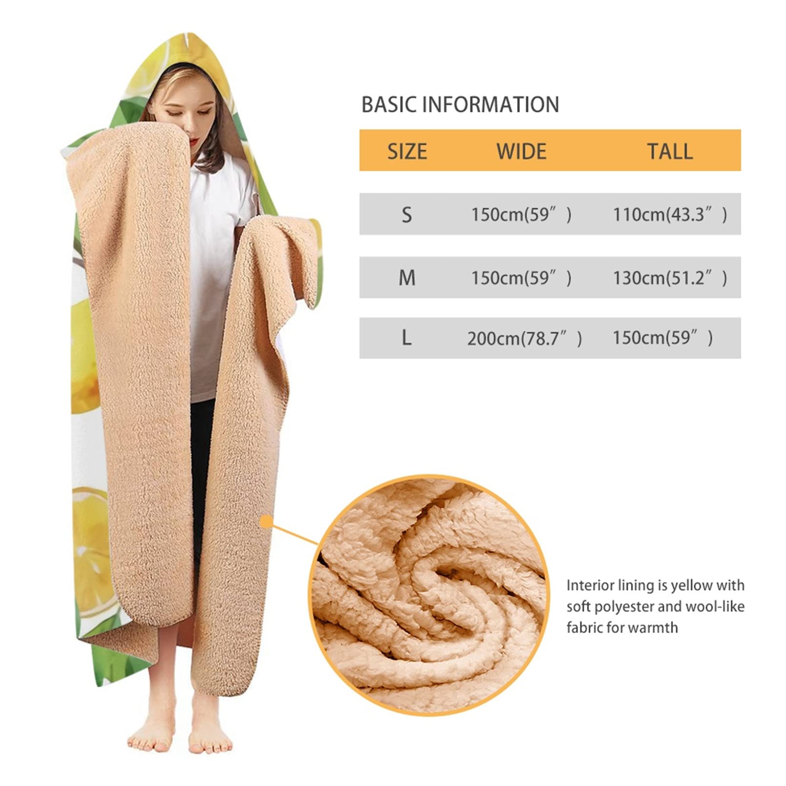 Renewold Coperta con cappuccio in peluche alla moda al limone, coperta da viaggio, calda e accogliente in pile Sherpa con cappuccio, coperta da viaggio