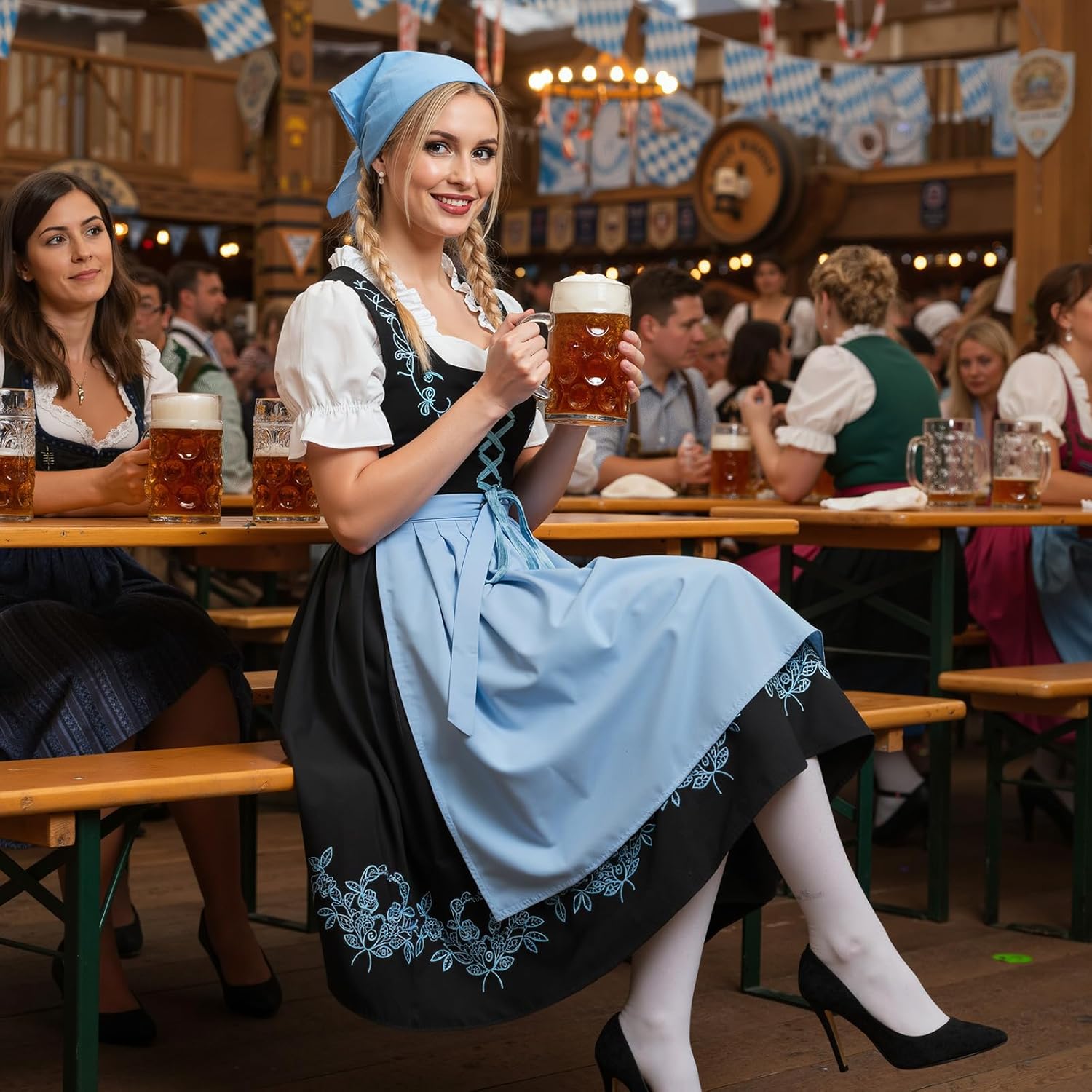 Mepase 5 Pcs Womens Oktoberfest Costume, Blue Dirndl Dress Headpieces Scarf Beer Mug Stocking German Oktoberfest Outfits