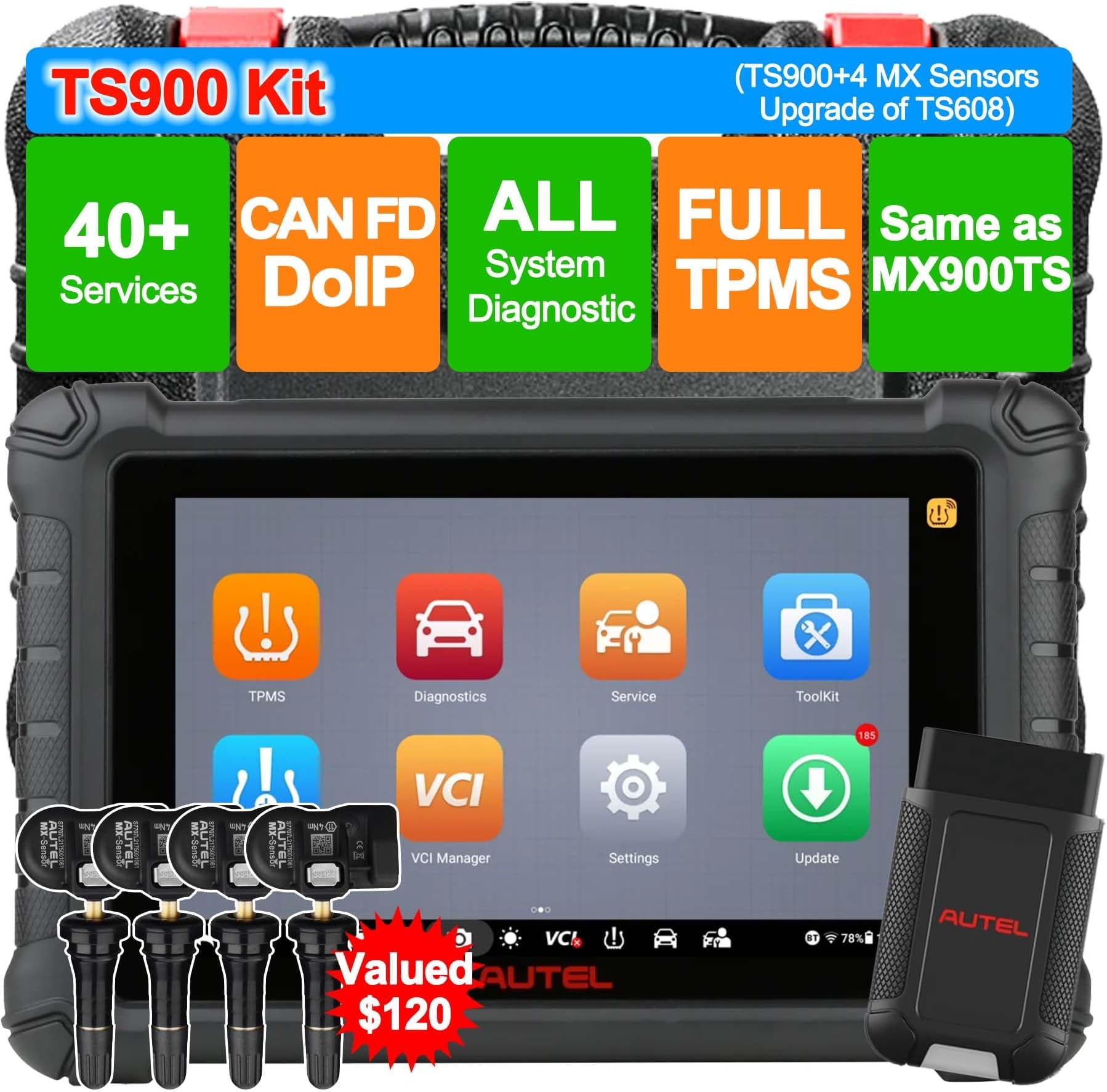 AutelMaxiTPMS TS900 TPMS Programming Tool w/ $120 4PCS MX-Sensors, Full TPMS as MP900TS, Up of TS508WF Kit TS608 MX900 MX808, All System Diagnostic Scanner, Bidirectional Scan Tool, 40+ Services