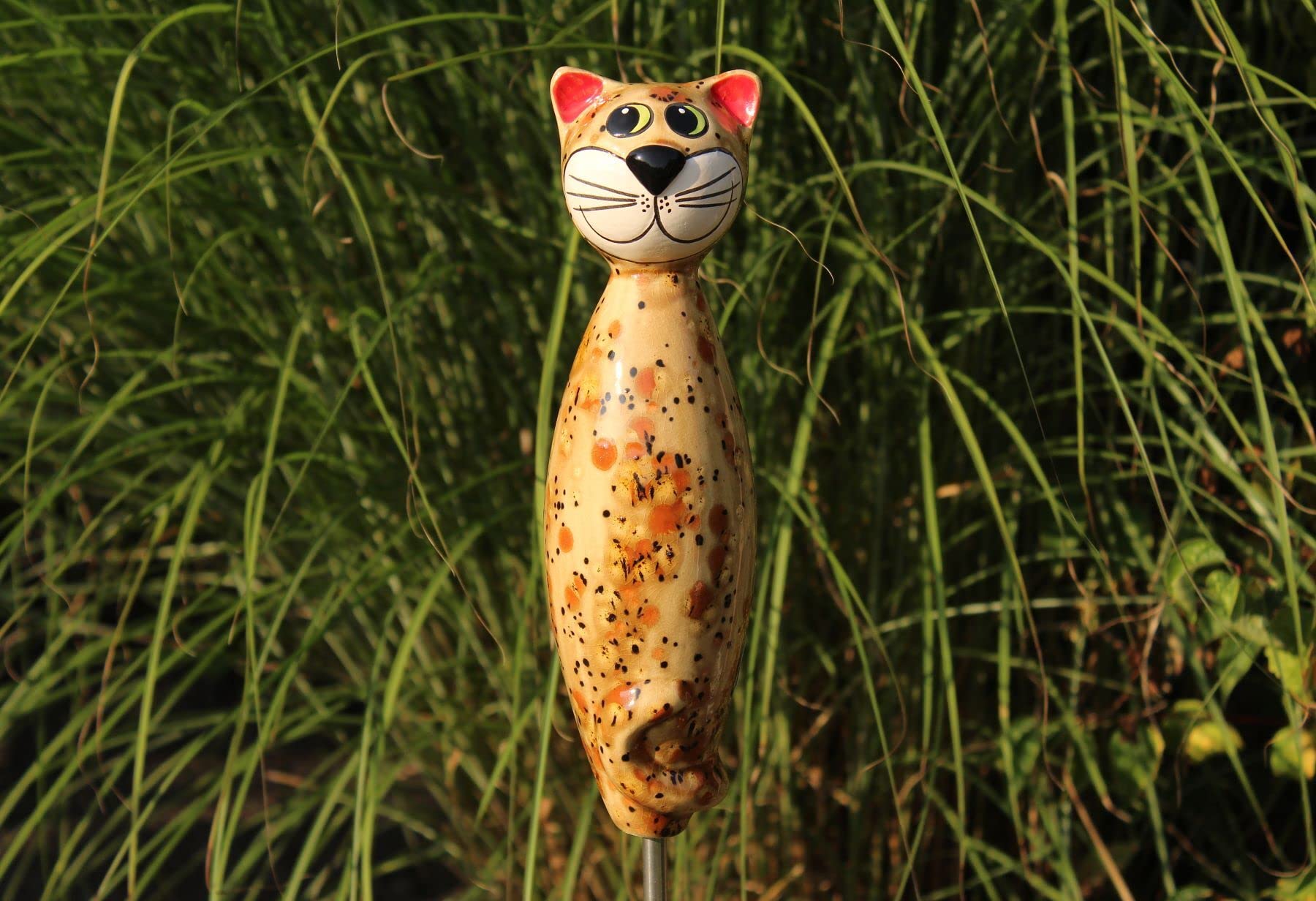Gartenfigur Katze aus Keramik 30 cm Dekofigur getöpferte Gartendeko braun