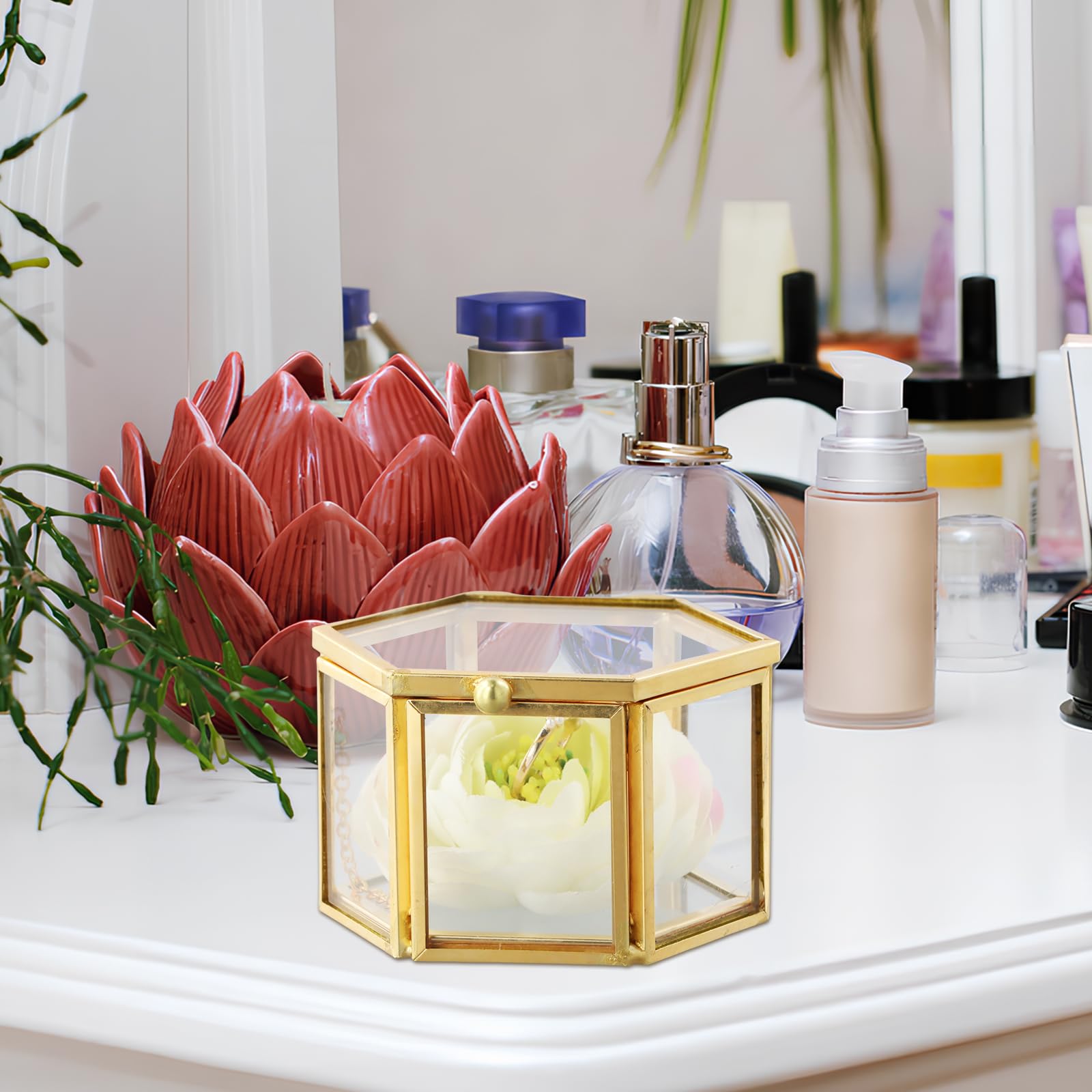 Amexo Schmuckkästchen aus Glas, Ringhalter, transparente goldene Glasringbox, geometrische sechseckige Ringbox, Schmuckkästchen zum Aufbewahren und Präsentieren von Schmuck (Gold) Fashion