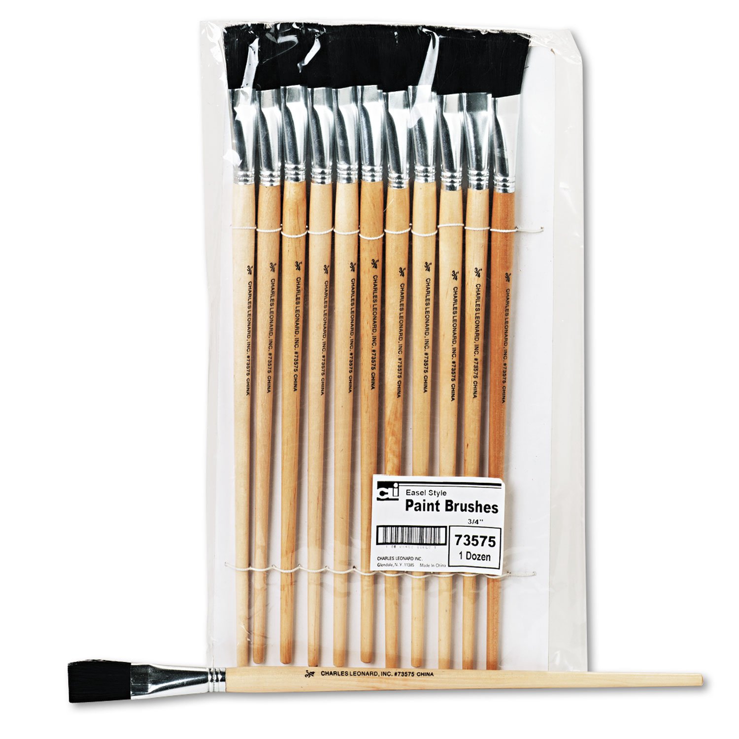 Charles Leonard Flat Tip Easel Paint Brushes with Long Handle, 0.75 Inch, Natural Handles and Black Bristles, 12-Pack (73575)
