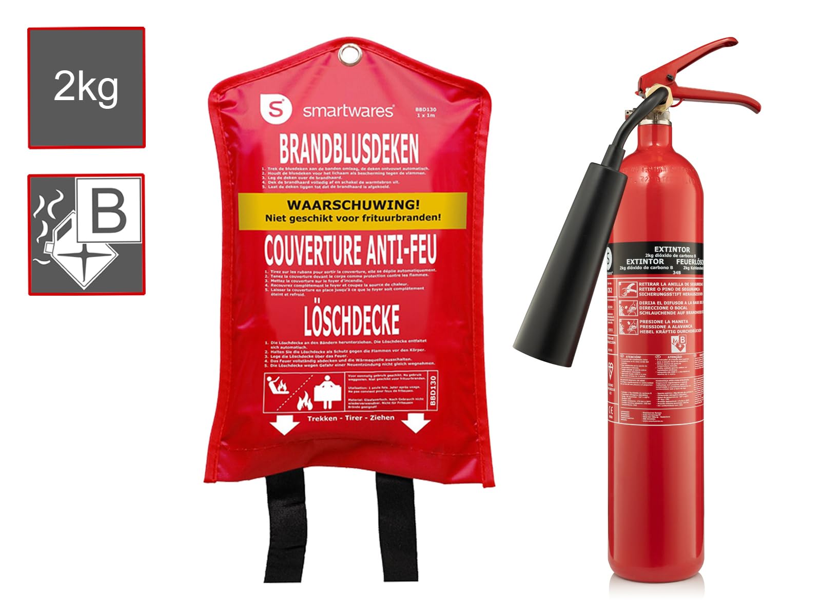 Práctico extintor de CO2, 2 kg, clase B – Borrado sin residuos + manta extintora de 100 x 100 cm, protección contra incendios