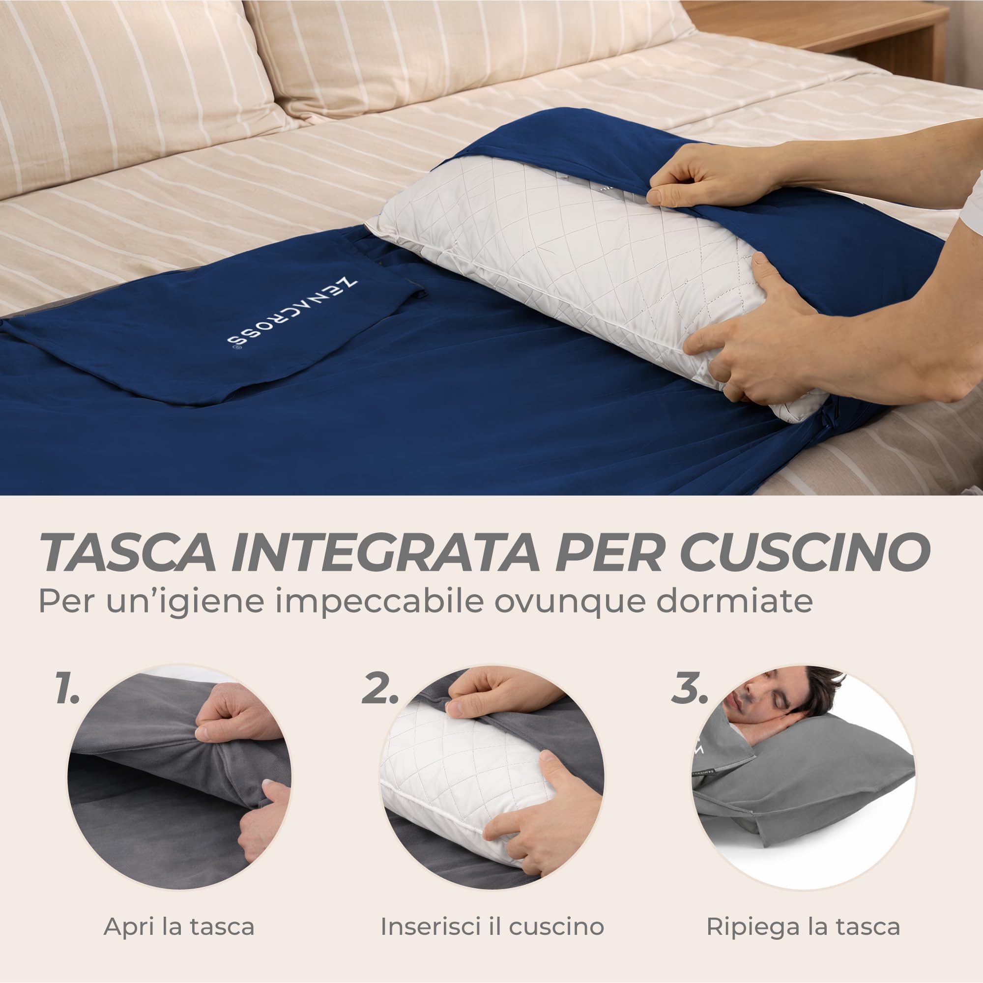 Sacco a Pelo Interno Ultraleggero in Microfibra - Sacco Lenzuolo Da Viaggio con Scomparto per Cuscino - Lenzuolo da Viaggio per l'estate