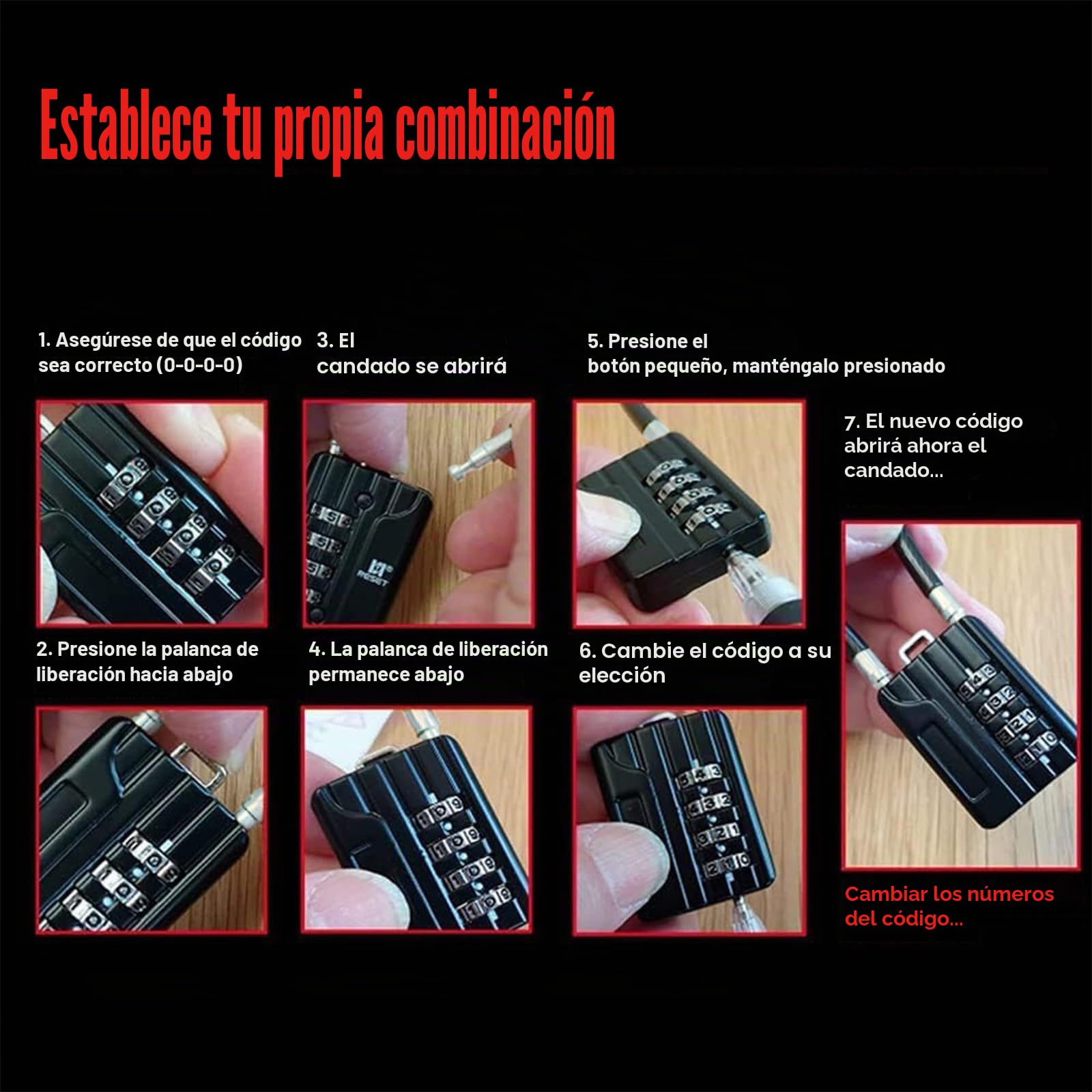 RESET-204 candado de cable flexible de 30 cm con combinación de 4 dígitos, candado largo para cubo de basura, taquilla, equipaje, maleta, casco y armero, diámetro 5 mm, negro, 2 unidad