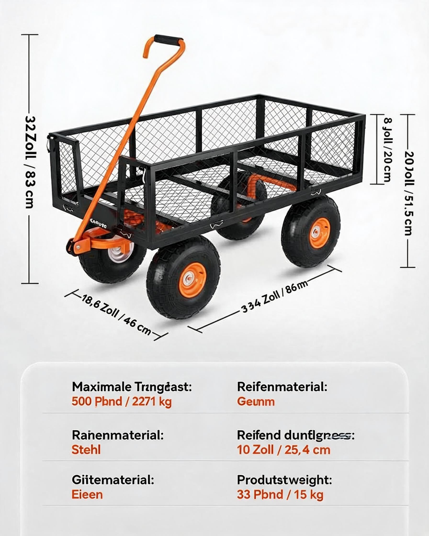 GarveeTech Gartenwagen 400kg, Stahl Transportwagen mit Gitterwänden
