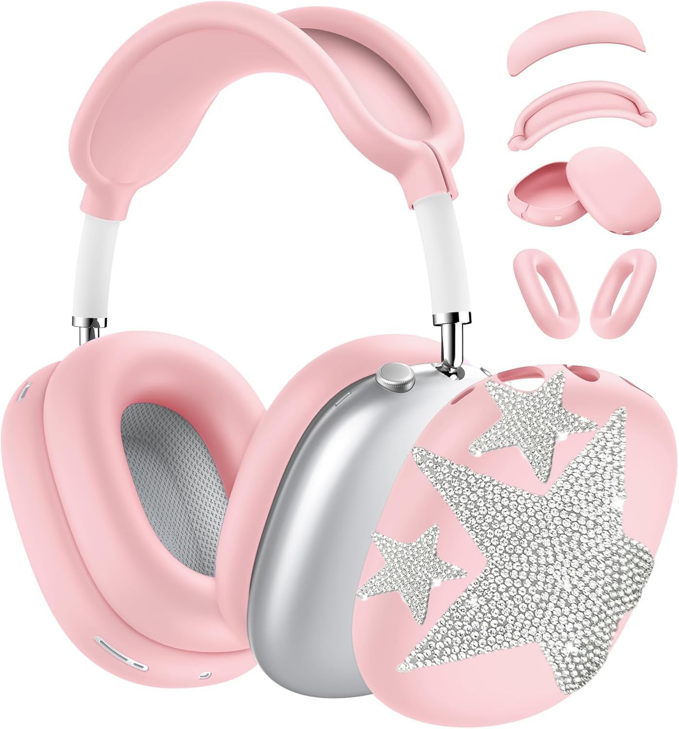 [4 in 1] Cases Cover for AirPods Max Ear Pad Case/Headband Cover/Ear Cups Bling Decoration for Apple AirPods Max (2024/2020) (Silicone Pink Star)