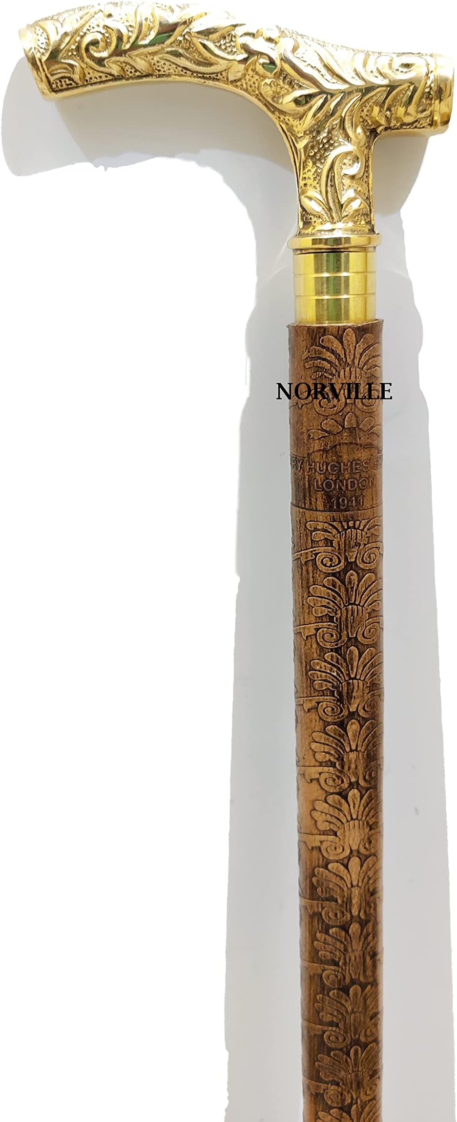 NORVILLE® Walking Stick Canes Engraved Leather with Brass Handle for Men Women Old People Seniors Trekking Hiking & Gift Item