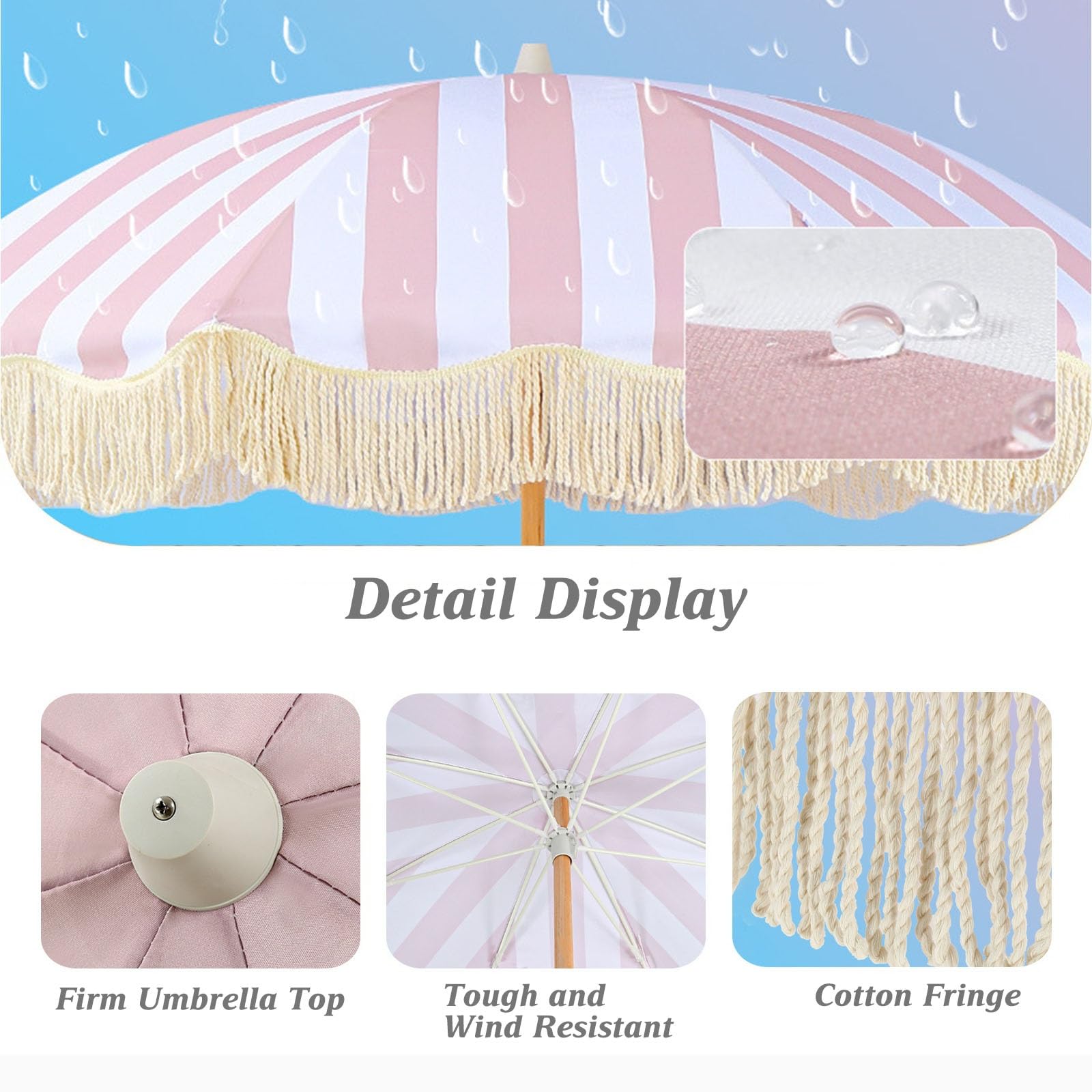Sombrilla De Playa Grande Antiviento 2m Rosa Sombrillas Terraza Parasol De Jardín Anti UV Parasol Terraza De Jardín Sombrilla Jardin Exterior Con Borlas Para Piscina Balcón Y Césped