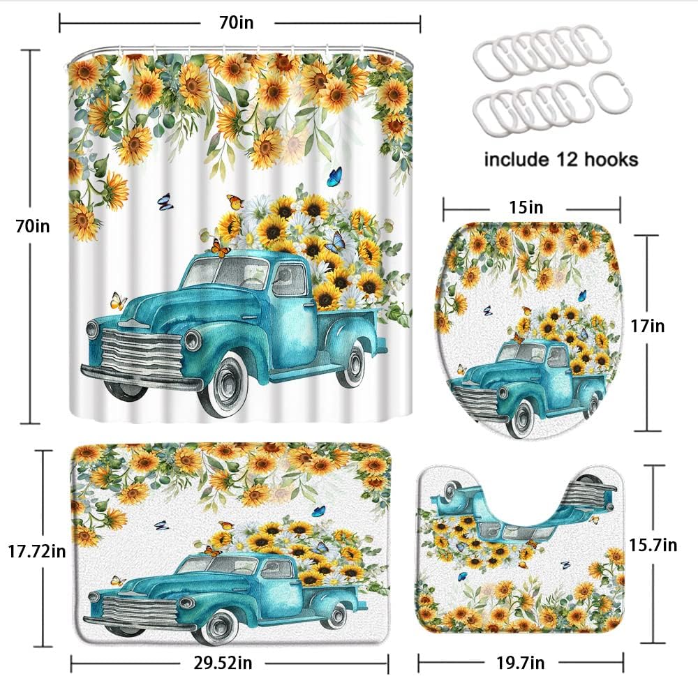 4 Piece Farmhouse Sunflower Shower Curtain Sets with Rugs, Toilet Lid Cover ,Watercolor Spring Farm Teal Truck with Yellow Flower on Rustic Wooden Board Country Bathroom Shower Curtain with 12 Hooks