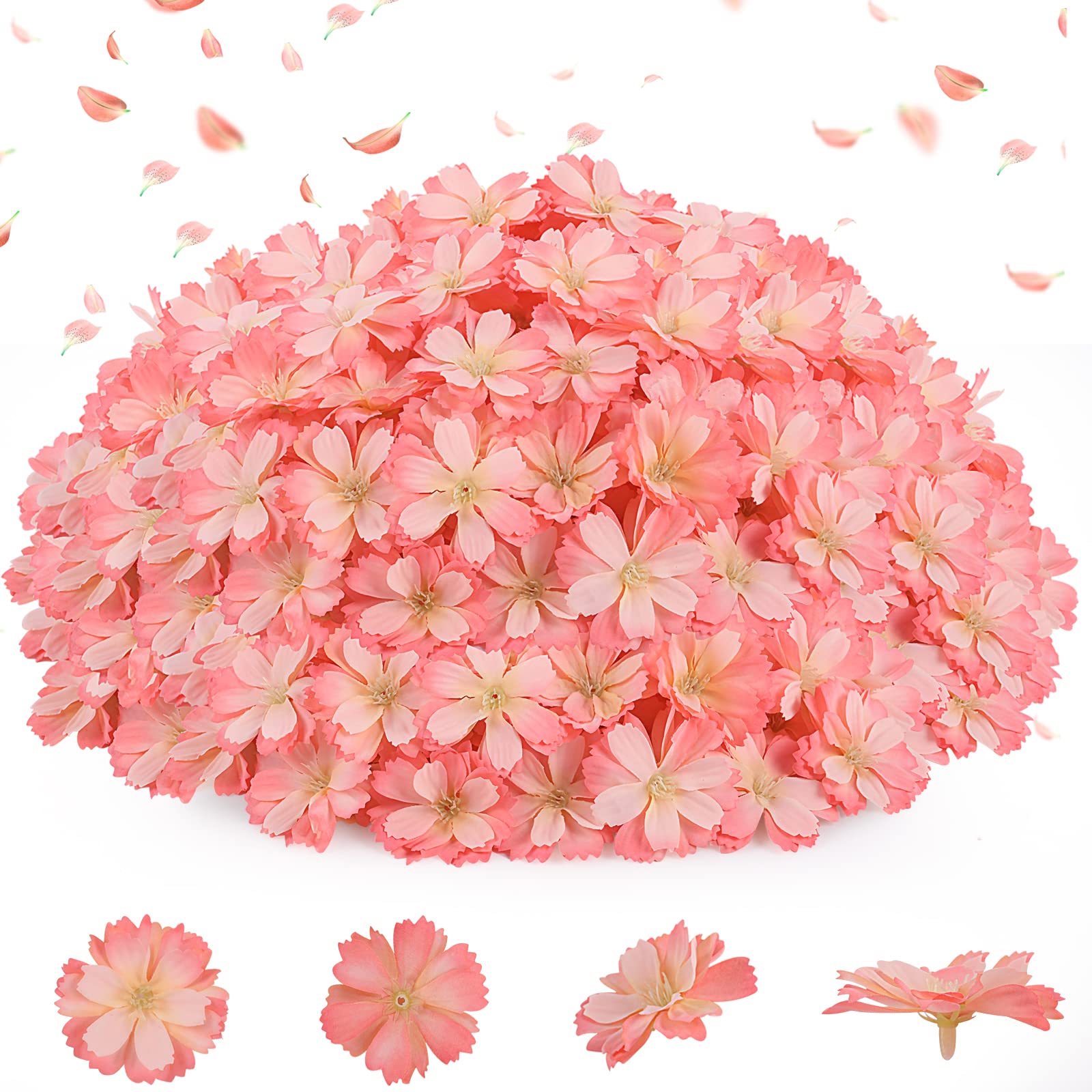 Cherry Blossom Heads,100pcs Artificial Fake Silk Cherry Blossom Petals Sakura Floral Head Decor for Craft Wedding Party Cap Dress DIY Supply (Orange Pink)