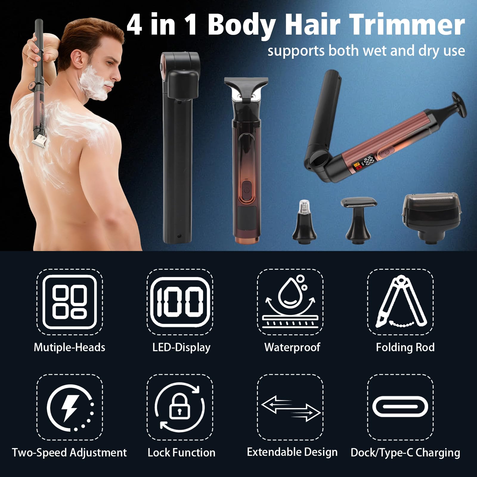 Rasoio elettrico da uomo, 4 in 1, kit per la cura del corpo, con manico di prolunga regolabile, impermeabile, senza fili, USB, per la cura del corpo privato, barba, schiena, naso