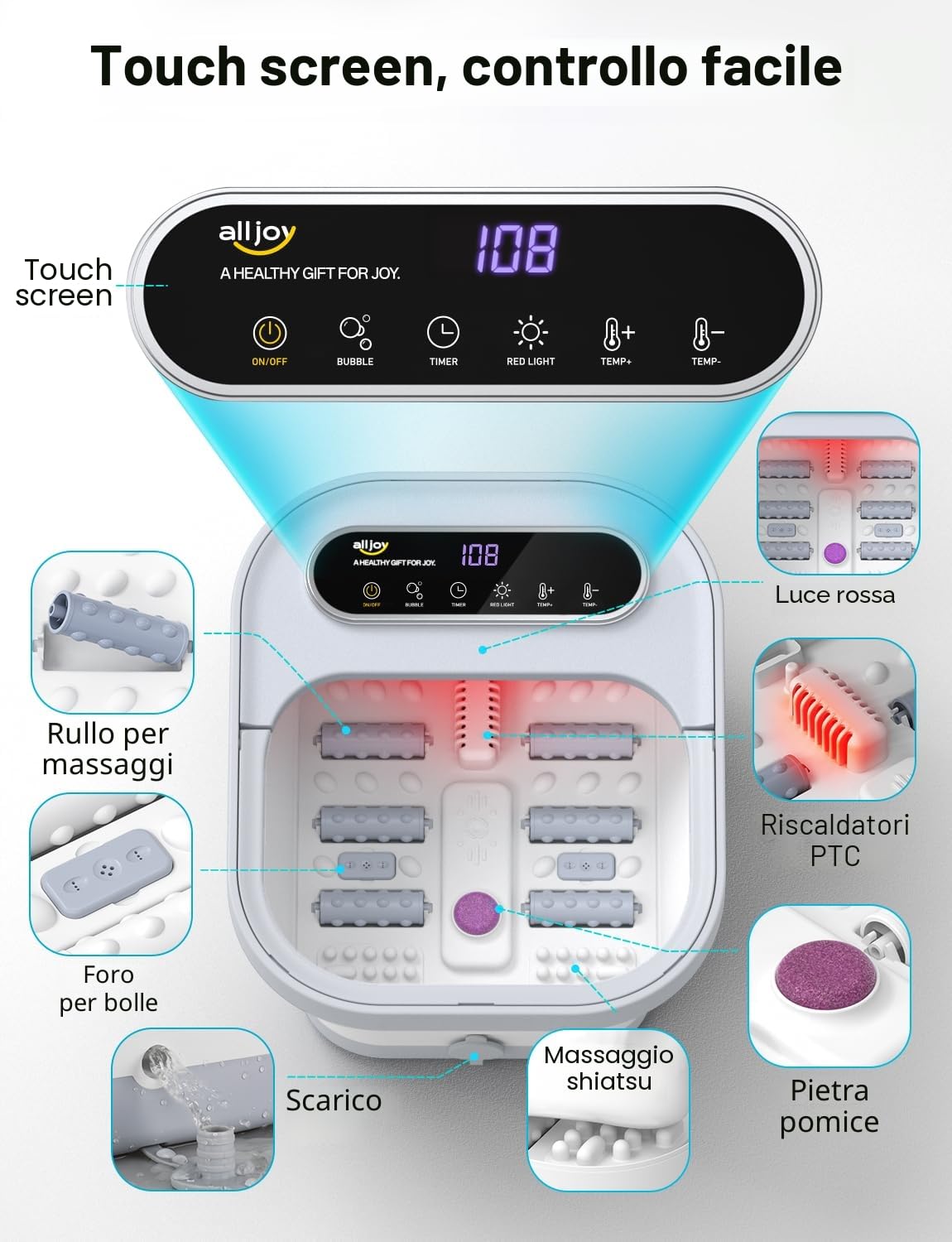 ALLJOY Pediluvio Massaggiatore Piedi Pieghevole, Termica Foot Spa per Alleviare Il Dolore, Idromassaggio Piedi 24 Temperatura, Pietra Pomice, 6 Timer, 6 Rulli Massaggianti, Luce Rossa Regali di Natale