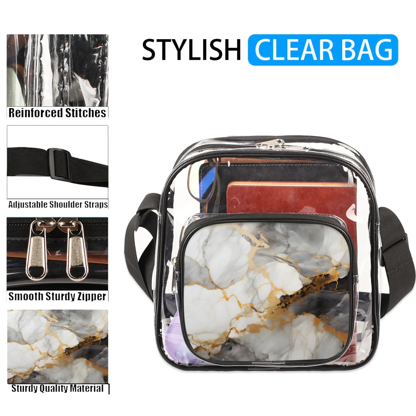 GzLeyigou Clear Crossbody Bag Stadium Approved White Luxury Transparent Bag for Festivals, Sports Events, Concerts,Beach Bag for Women Men Marble Pattern Clear Purse with Front Pocket Messenger Bag